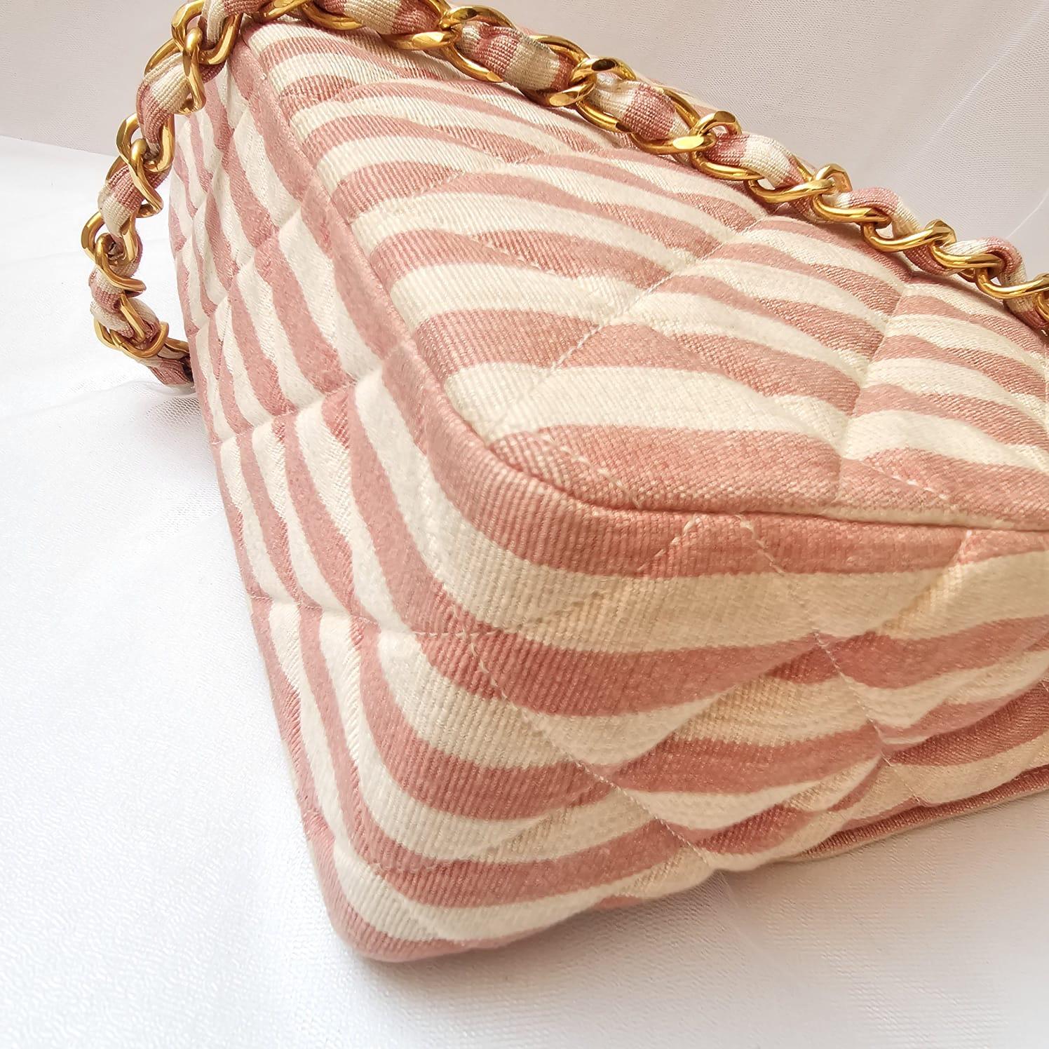 Rare Vintage 1990s Chanel Pink and White Stripe Canvas Flap Bag 1