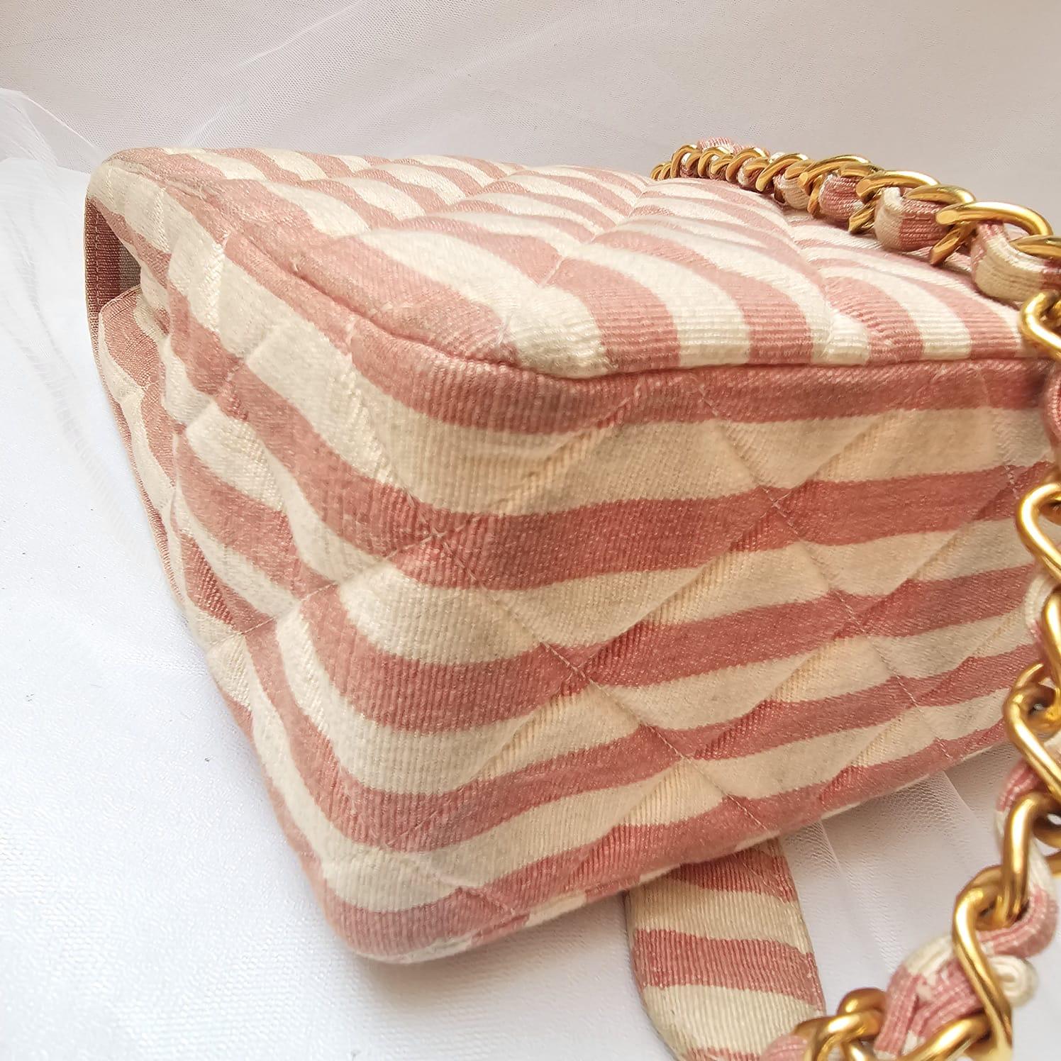 Rare Vintage 1990s Chanel Pink and White Stripe Canvas Flap Bag 2