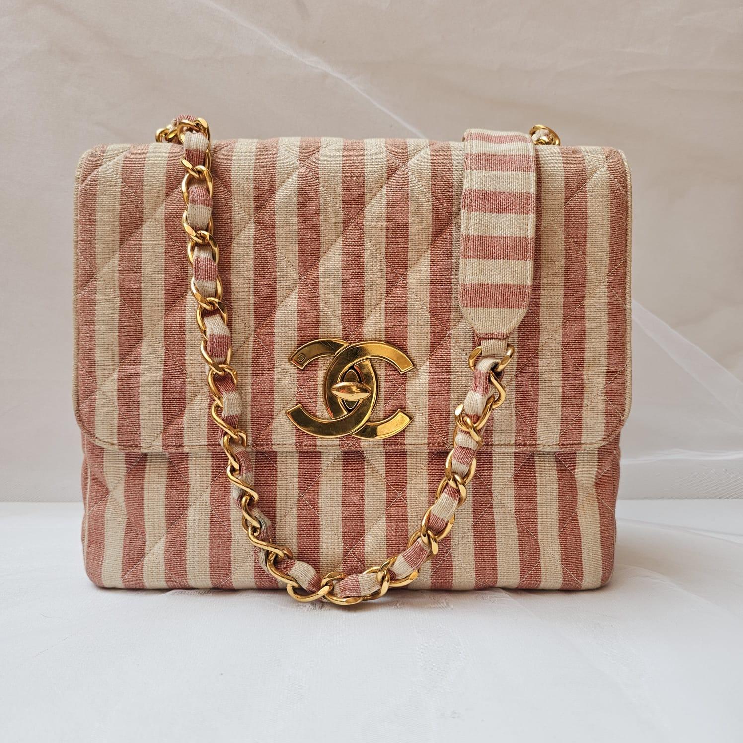 Rare Vintage 1990s Chanel Pink and White Stripe Canvas Flap Bag 3