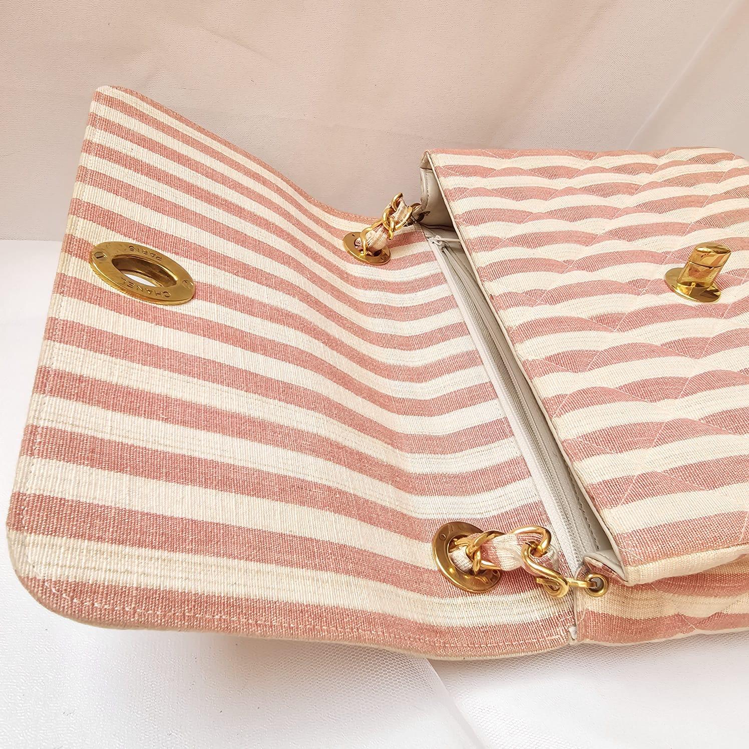 Rare Vintage 1990s Chanel Pink and White Stripe Canvas Flap Bag 4