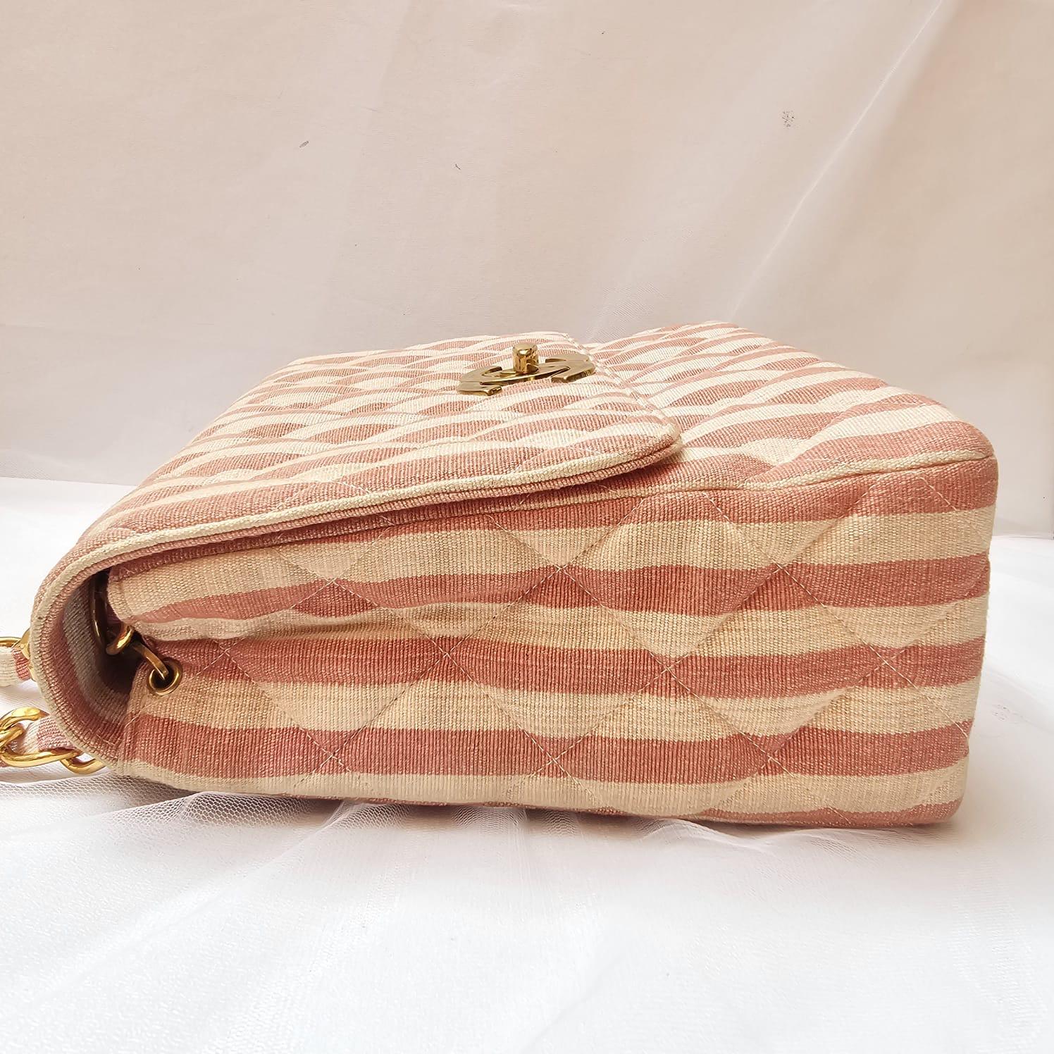 Rare Vintage 1990s Chanel Pink and White Stripe Canvas Flap Bag 5