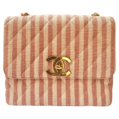 Rare Retro 1990s Chanel Pink and White Stripe Canvas Flap Bag