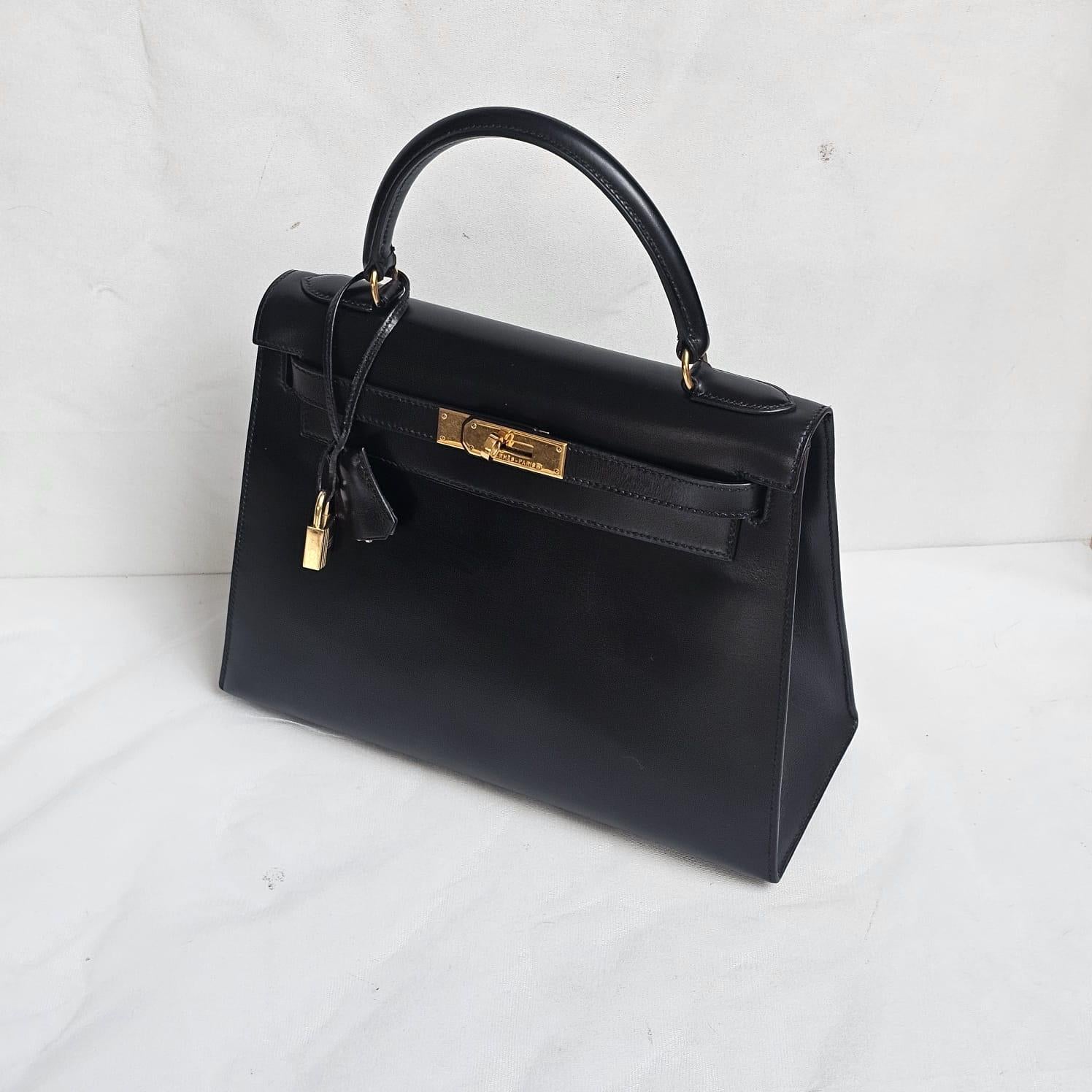 Rare Vintage 1994 Black Box Leather Kelly 28 Bag 13