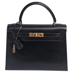 Rare Vintage 1994 Black Box Leather Kelly 28 Bag