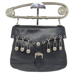 Rare Vintage 1994 Gianni Versace Couture Large Black Leather Safety Pin Bag