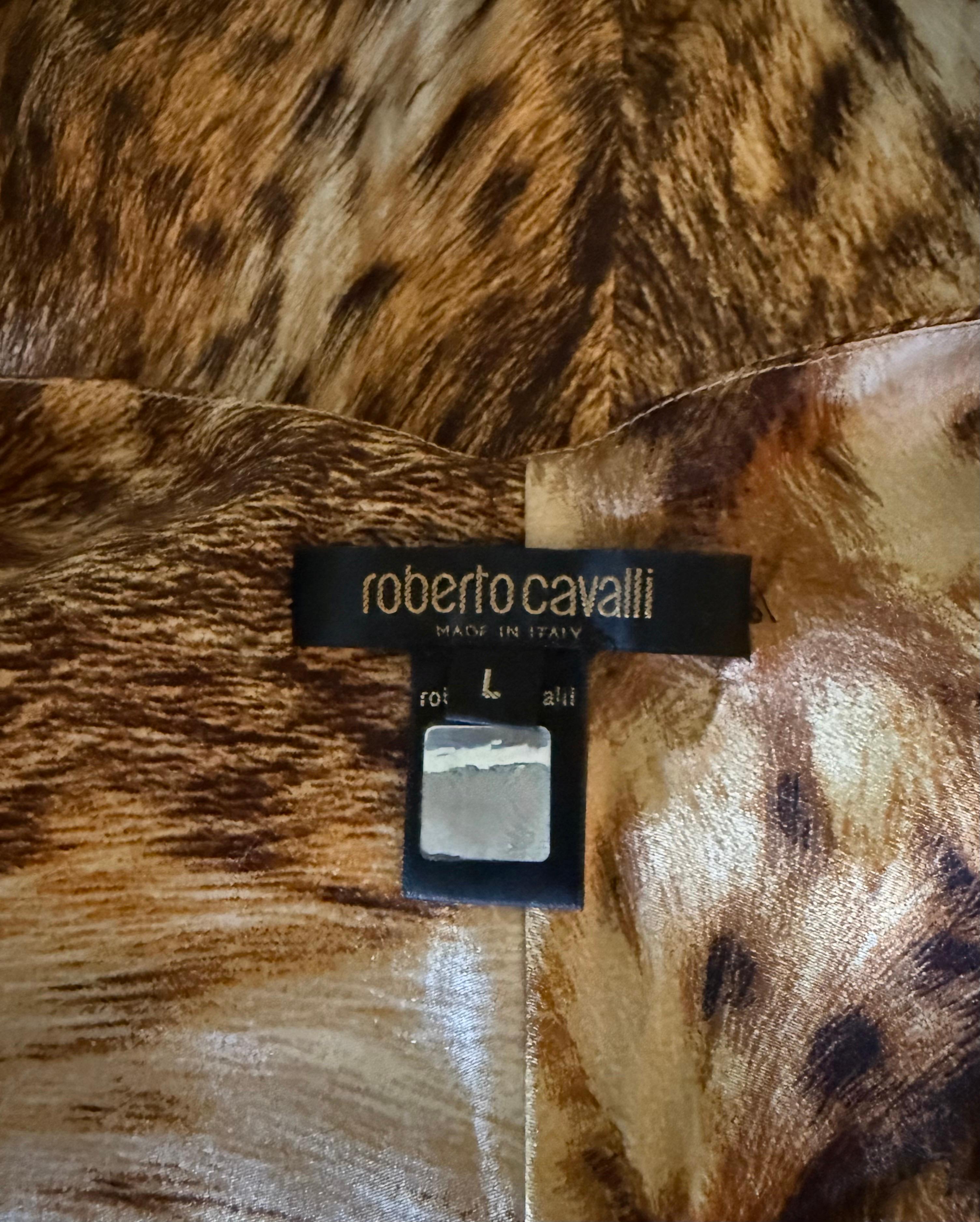 ROBERTO CAVALLI Vestito vintage del 2003 in seta con stampa leopardo e spalline a catena d'oro con charme in vendita 7