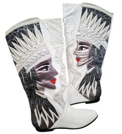 Rare Vintage 80s Carvela Egyptian Revival Applique White Leather Knee Boots