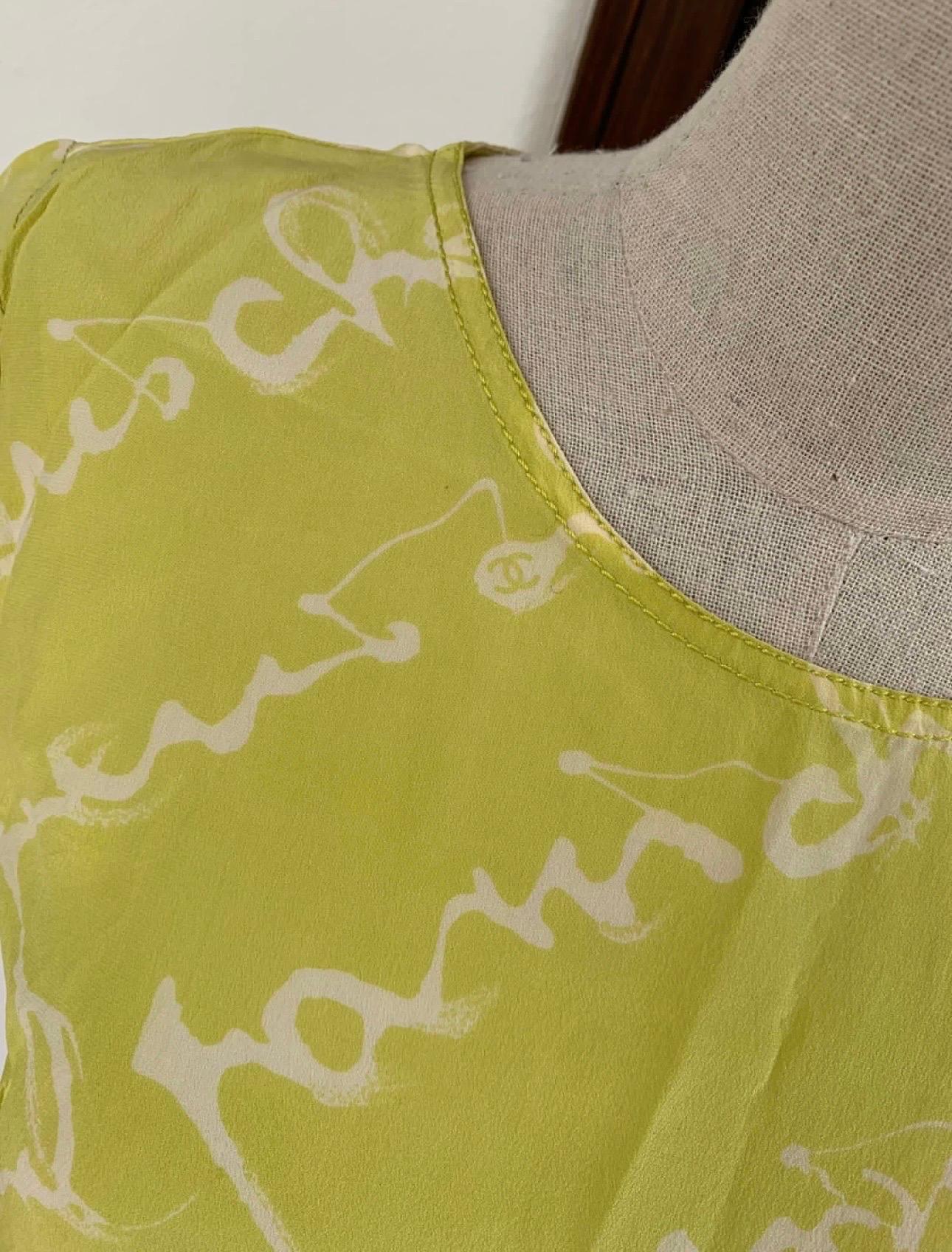 RARE Vintage 90s CHANEL CC Logo Monogram Lime Green White Graffiti Short Sleeve In Excellent Condition For Sale In Malibu, CA
