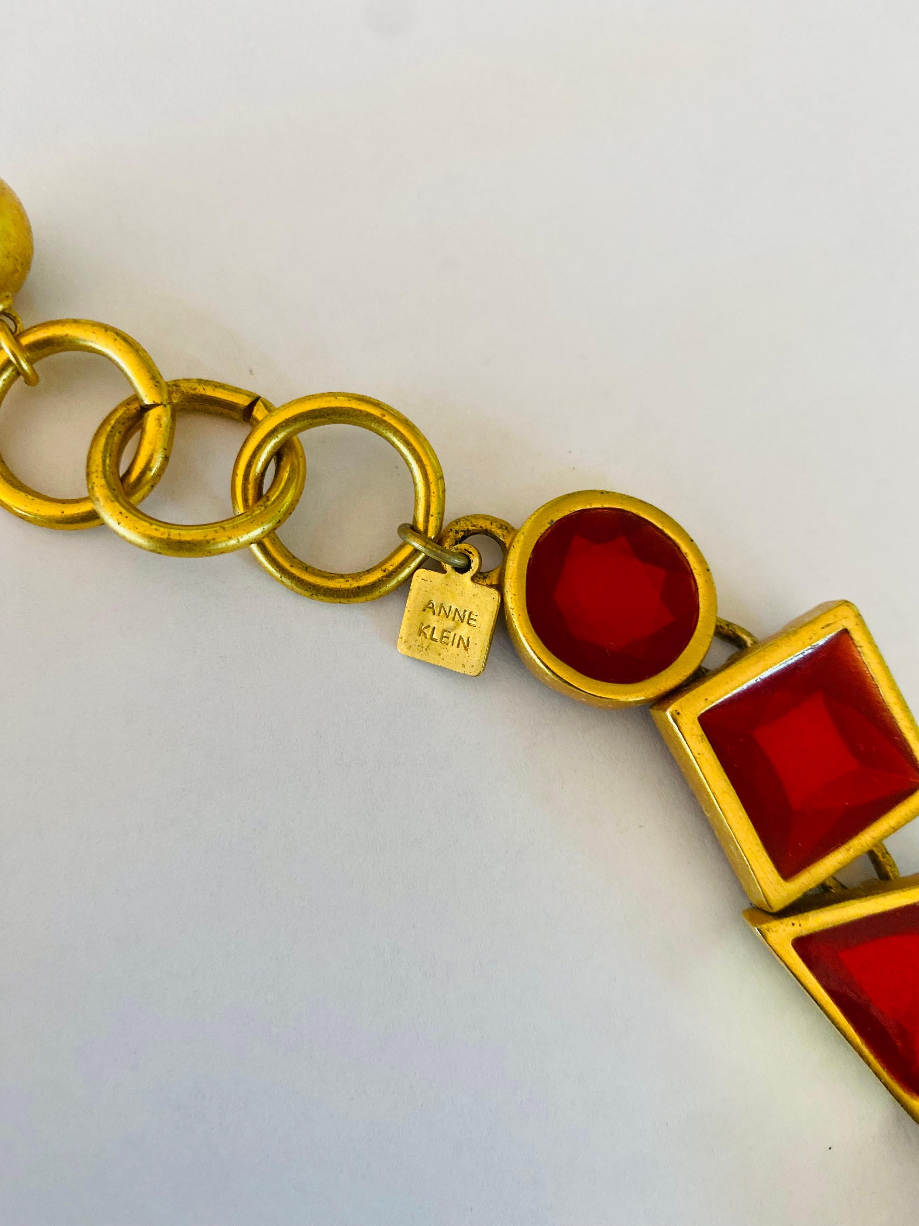 Post-Modern Rare Vintage Anne Klein Red Resin and Brass Shapes Statement Necklace For Sale
