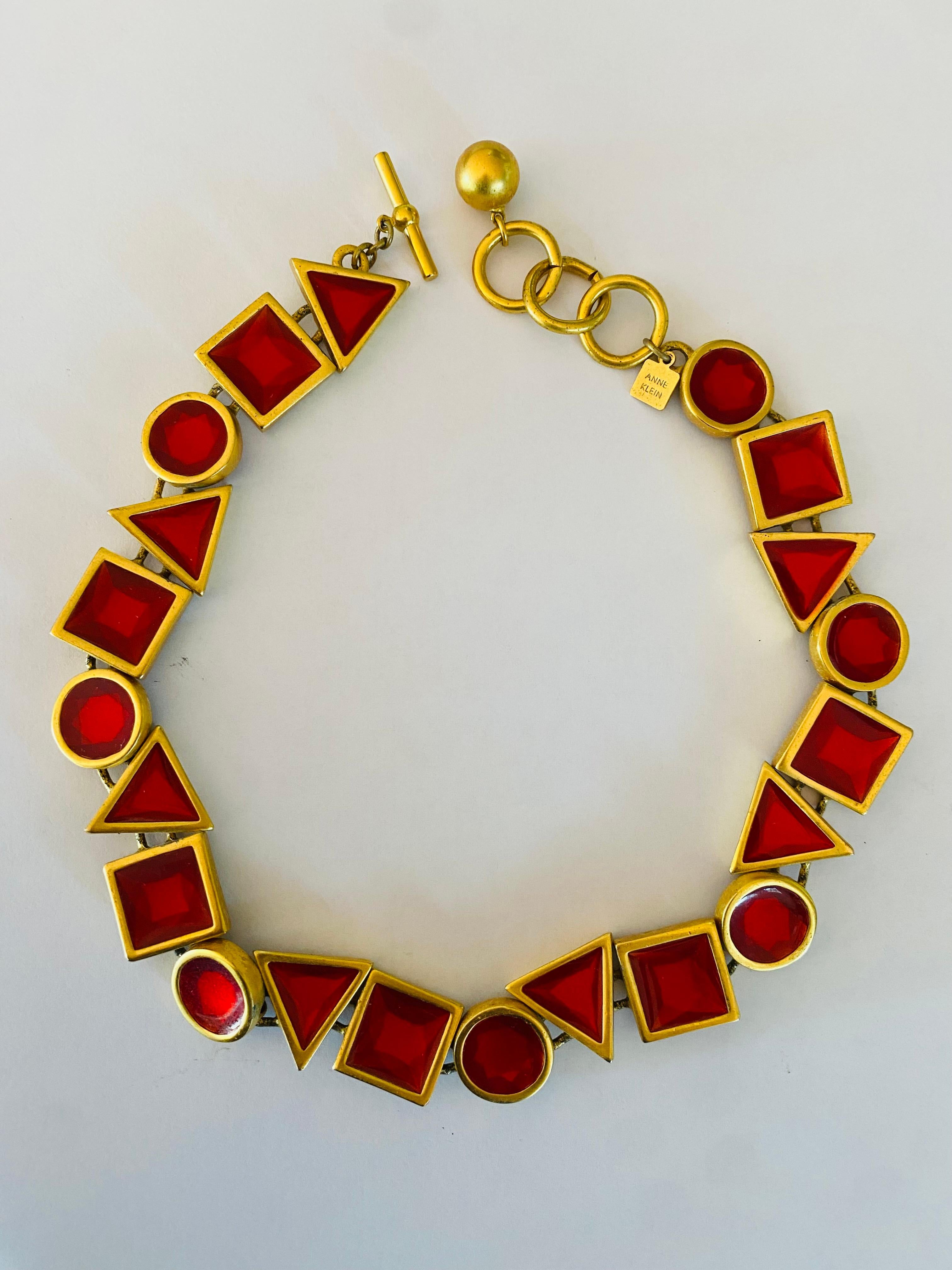 American Rare Vintage Anne Klein Red Resin and Brass Shapes Statement Necklace For Sale