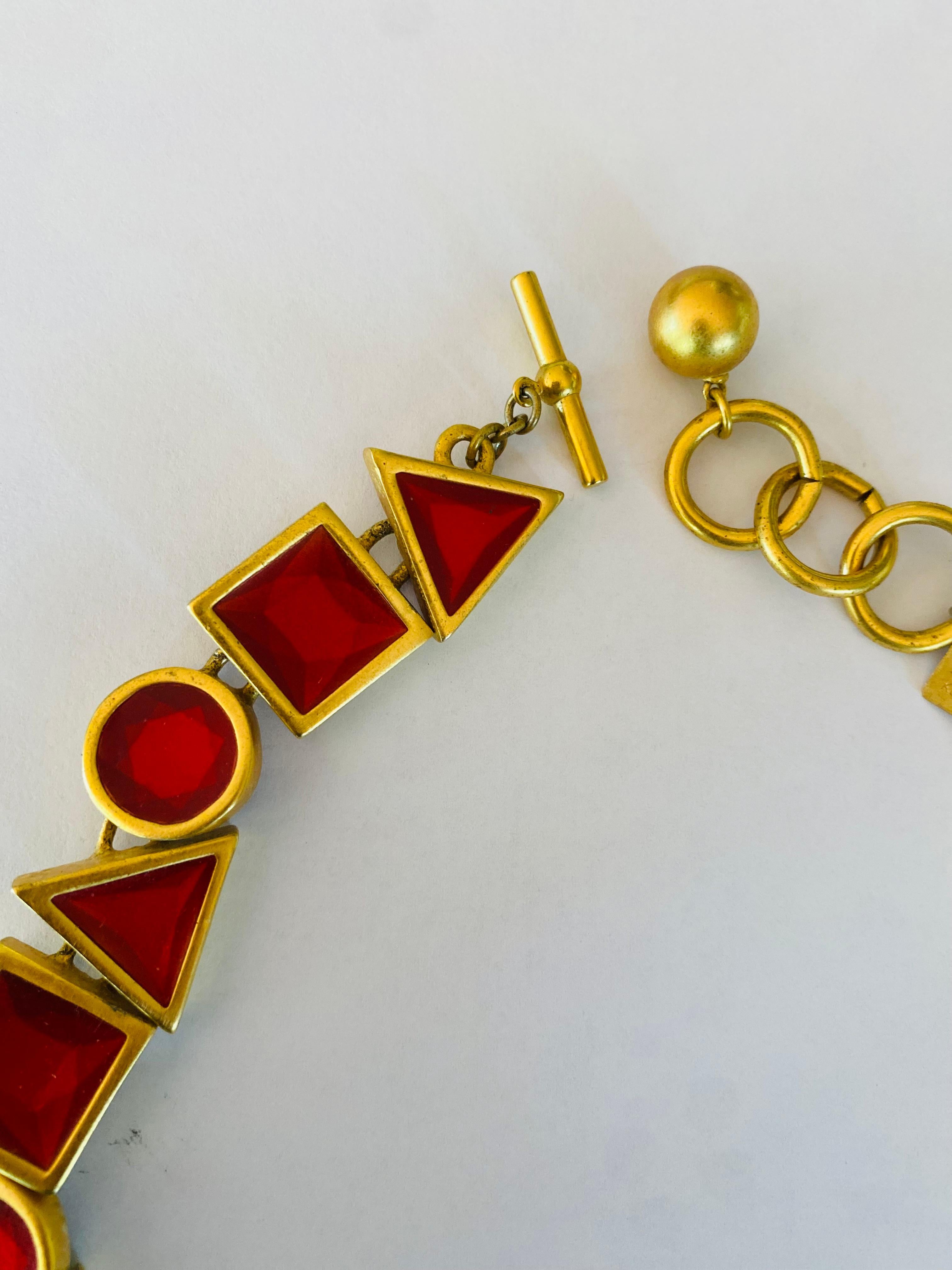 Hand-Crafted Rare Vintage Anne Klein Red Resin and Brass Shapes Statement Necklace For Sale
