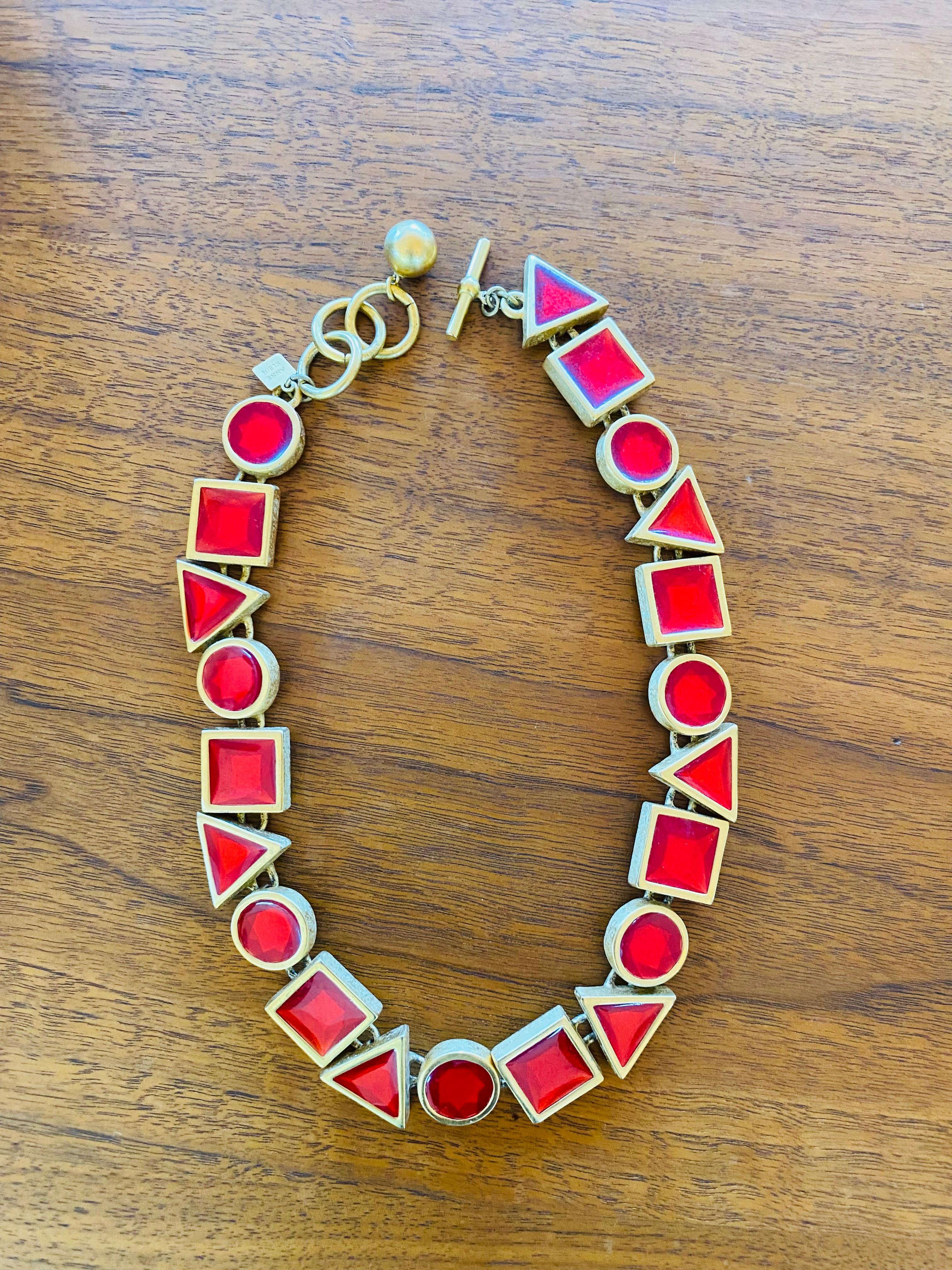 Late 20th Century Rare Vintage Anne Klein Red Resin and Brass Shapes Statement Necklace For Sale