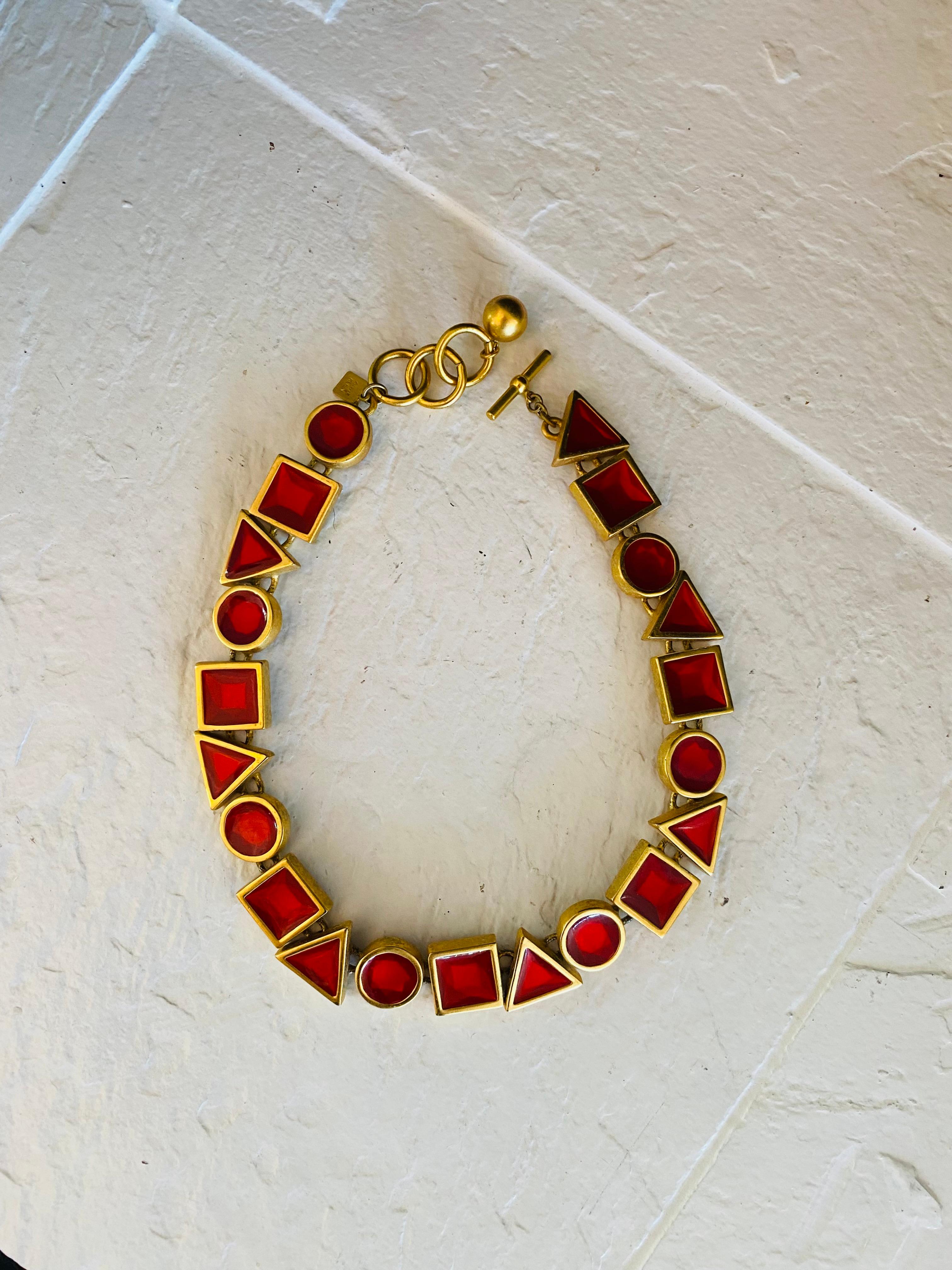 Rare Vintage Anne Klein Red Resin and Brass Shapes Statement Necklace For Sale 1