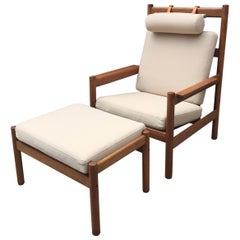 Rare Retro Arne Norell Teak Armchair and Ottoman with Leather Straps