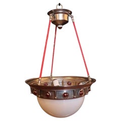 Rare Vintage Art Deco Pendant with Frosted Glass Bowl and Red Glass Accents