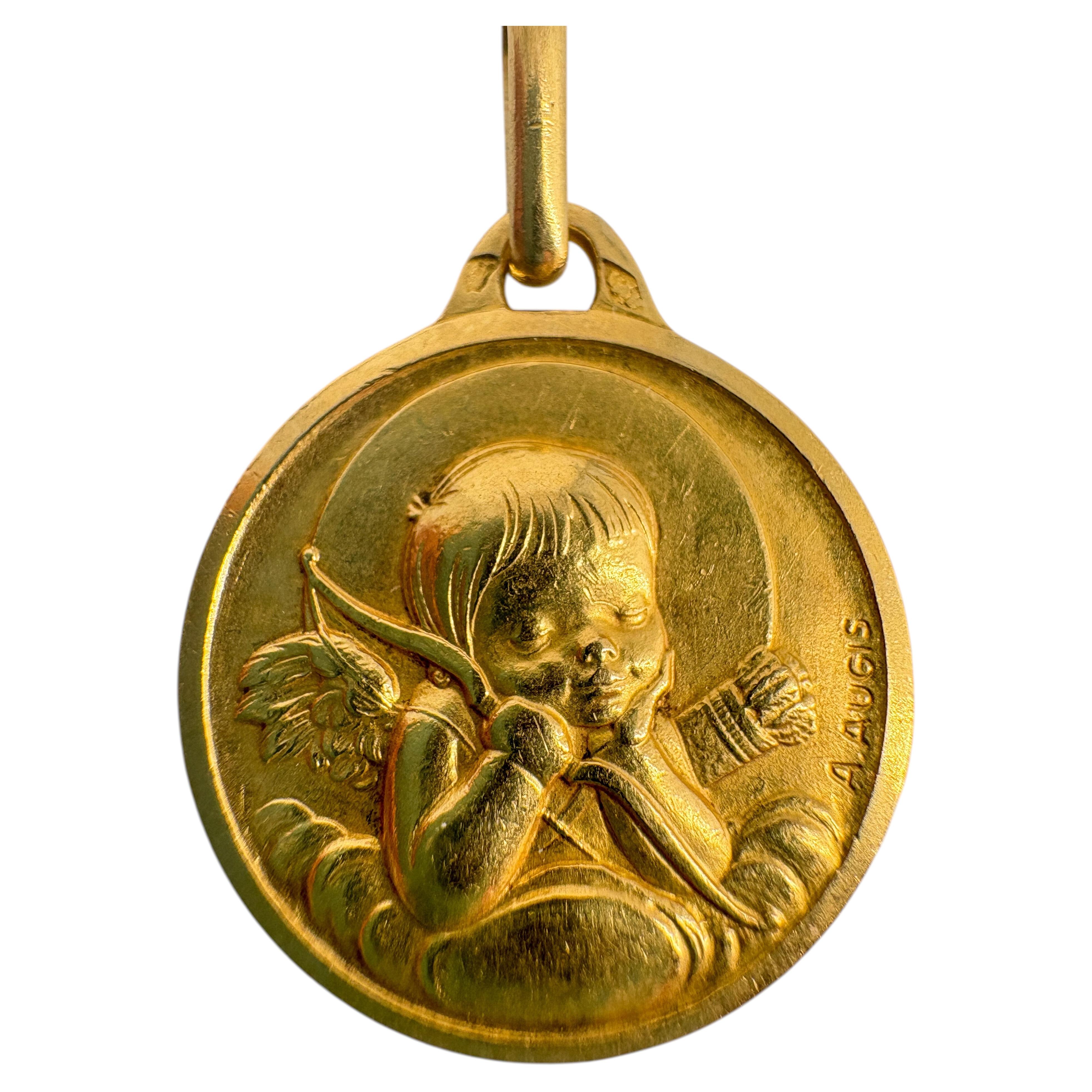 Rare Vintage Augis 18k Gold Cupid Love Medal Hand Engraved 1979