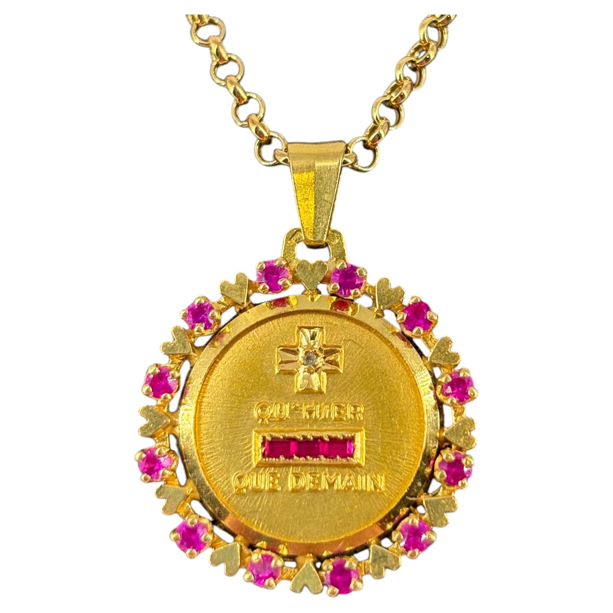 Rare Vintage Augis 18k Gold Heart Halo Love Token Medal Ruby Diamond 24mm
