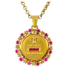 Rare Vintage Augis 18k Gold Heart Halo Love Token Medal Ruby Diamond 24mm