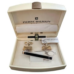 Rare Vintage Balmain 1980s Cufflinks & Tie Bar In Original Case Circa 1980