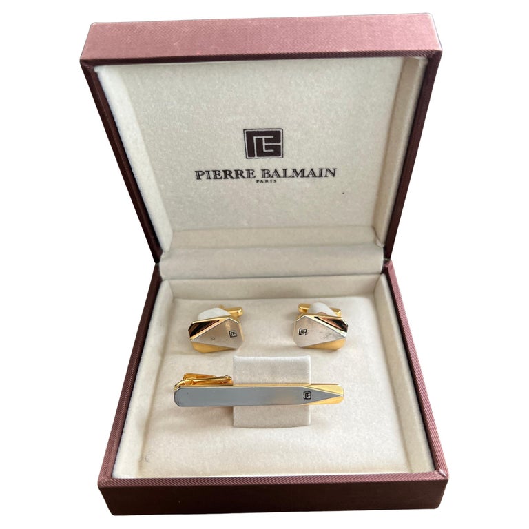 Rare Vintage Balmain 1980s Cufflinks & Tie Bar In Original Champagne Velvet  Case