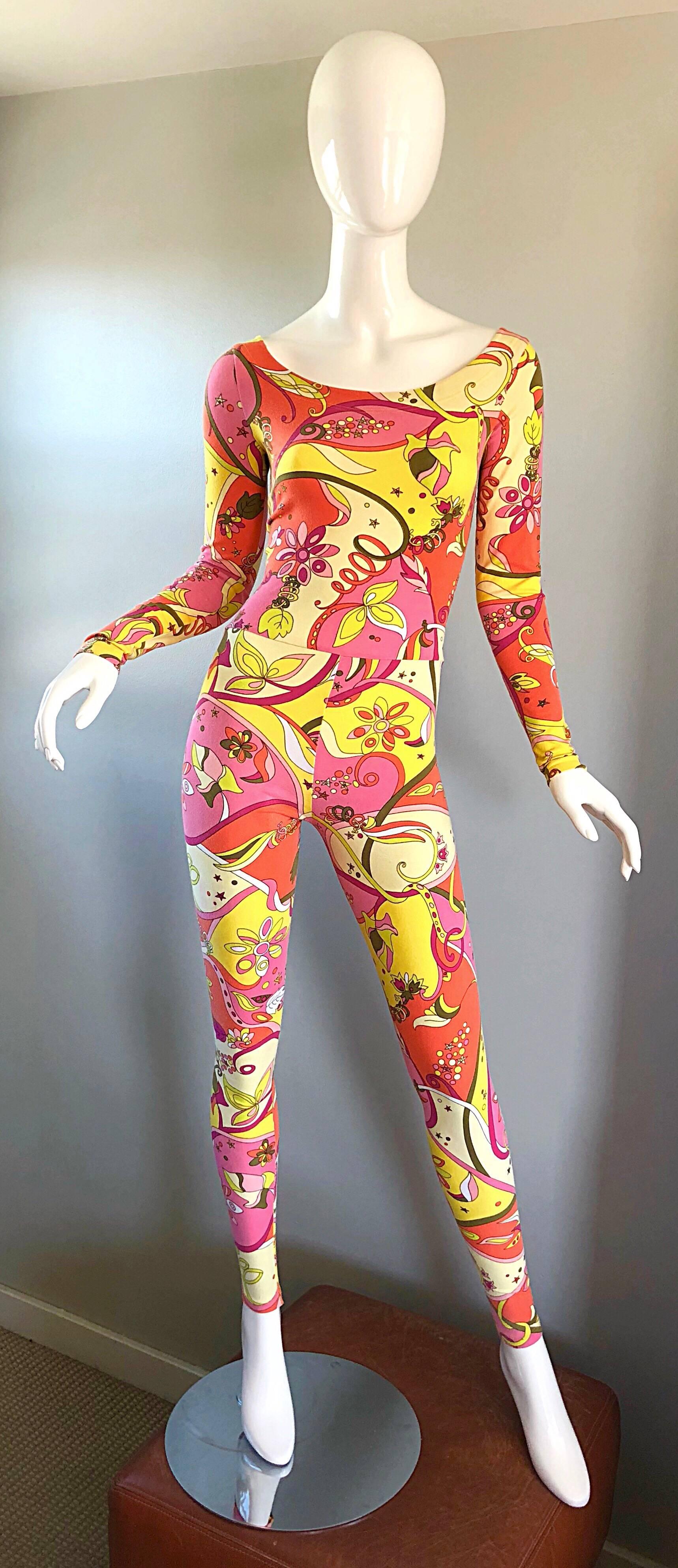 Amazing rare musuem quality early 80s BETSEY JOHNSON punk label physchedelic onesie cat suit! Features vibrant colors of pink, yellow and orange in awesome psychedelic prints. Stretch cotton is super soft and stretches to fit. Great belted or alone.