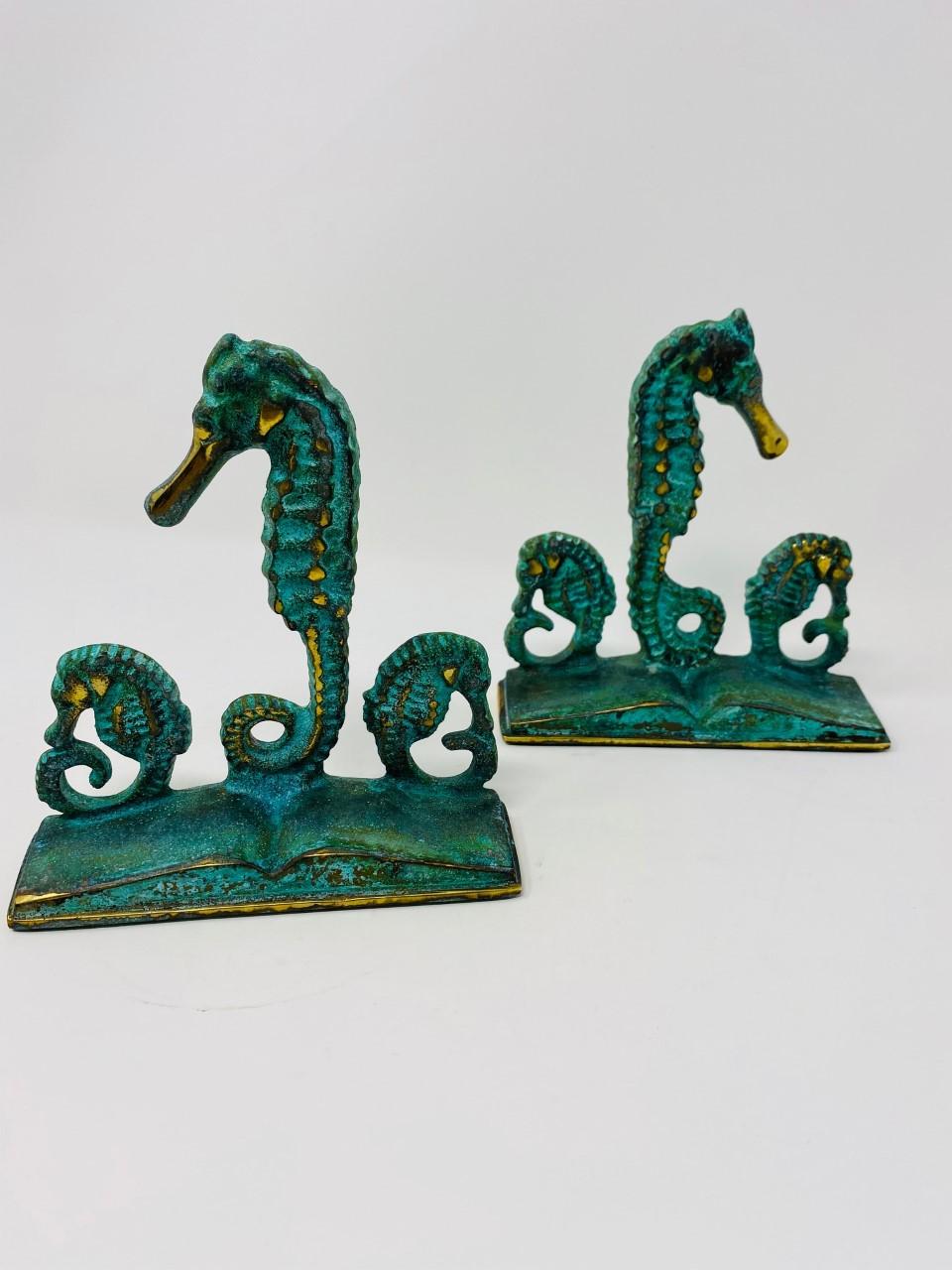 Mid-20th Century Rare Vintage Brass Seahorse Bookends by Virginia Metalcrafters