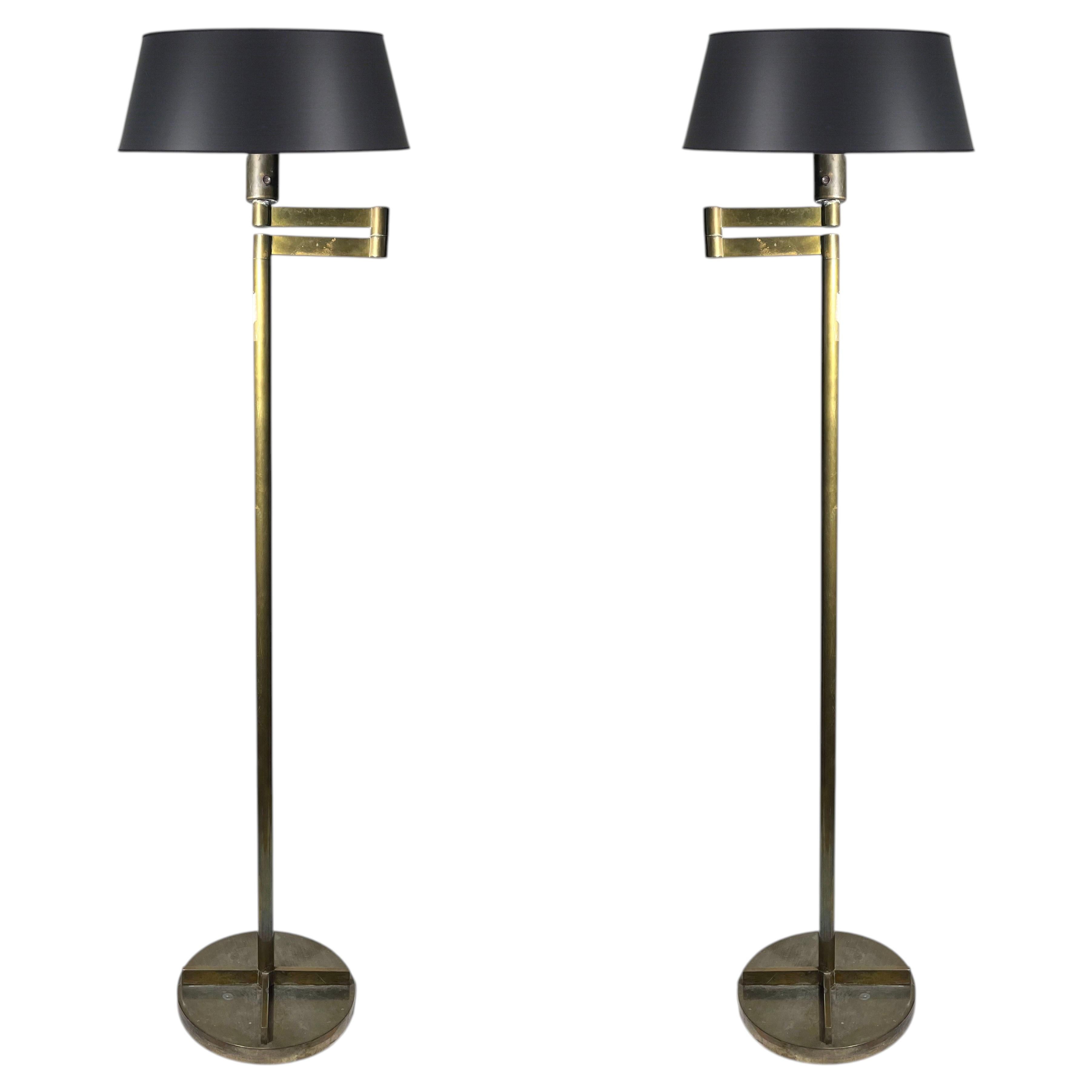 Rare Vintage Brass Swing Arm Floor Lamps Attributed to Gilbert Rohde