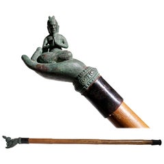 Rare Retro Bronze Buddha in Palm Cane - Walking Stick