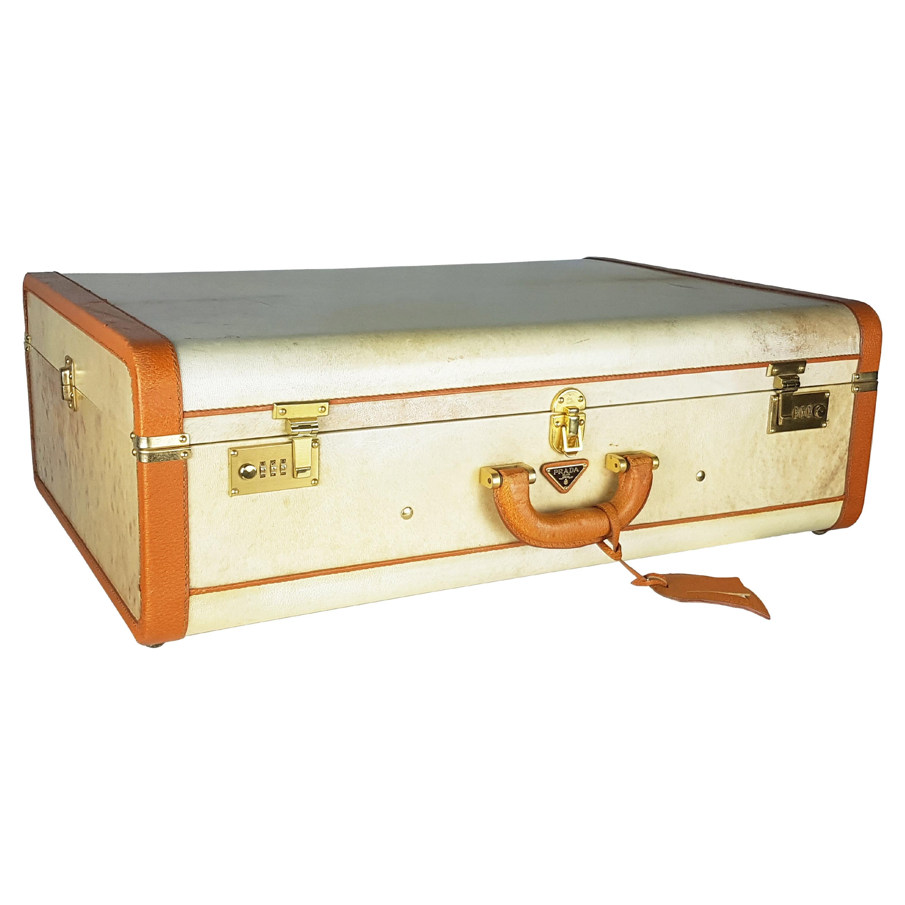 Rare vintage brown leather & ivory Pergamena suitcases by Prada