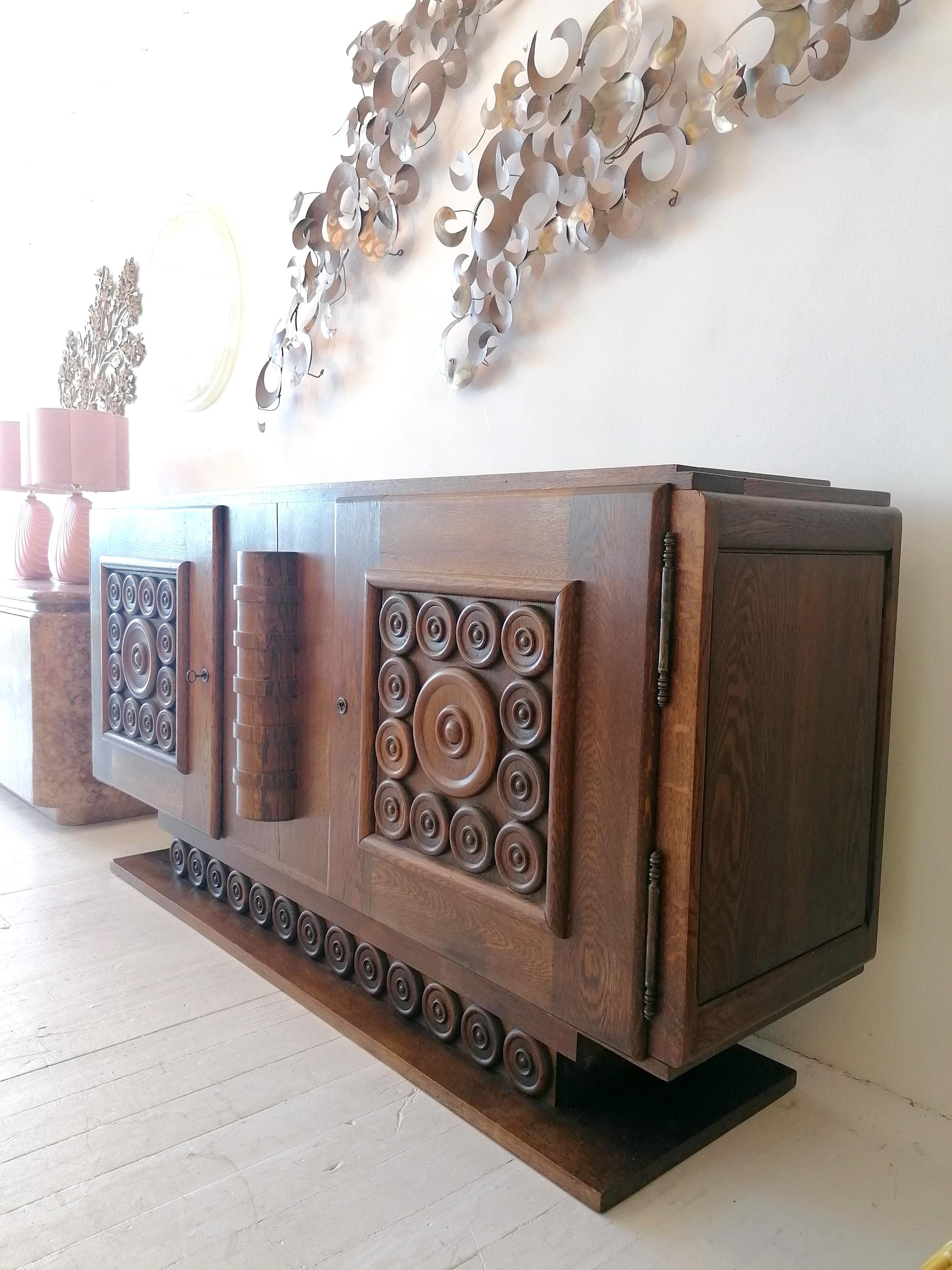 Rare Vintage Brutalist Art Deco Oak Sideboard by Charles Dudouyt, France C1930s In Good Condition In Hastings, GB