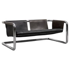 Rare Vintage Brutalist Bauhaus Tubular Metal 
Dark Leather Sofa, 1950s
