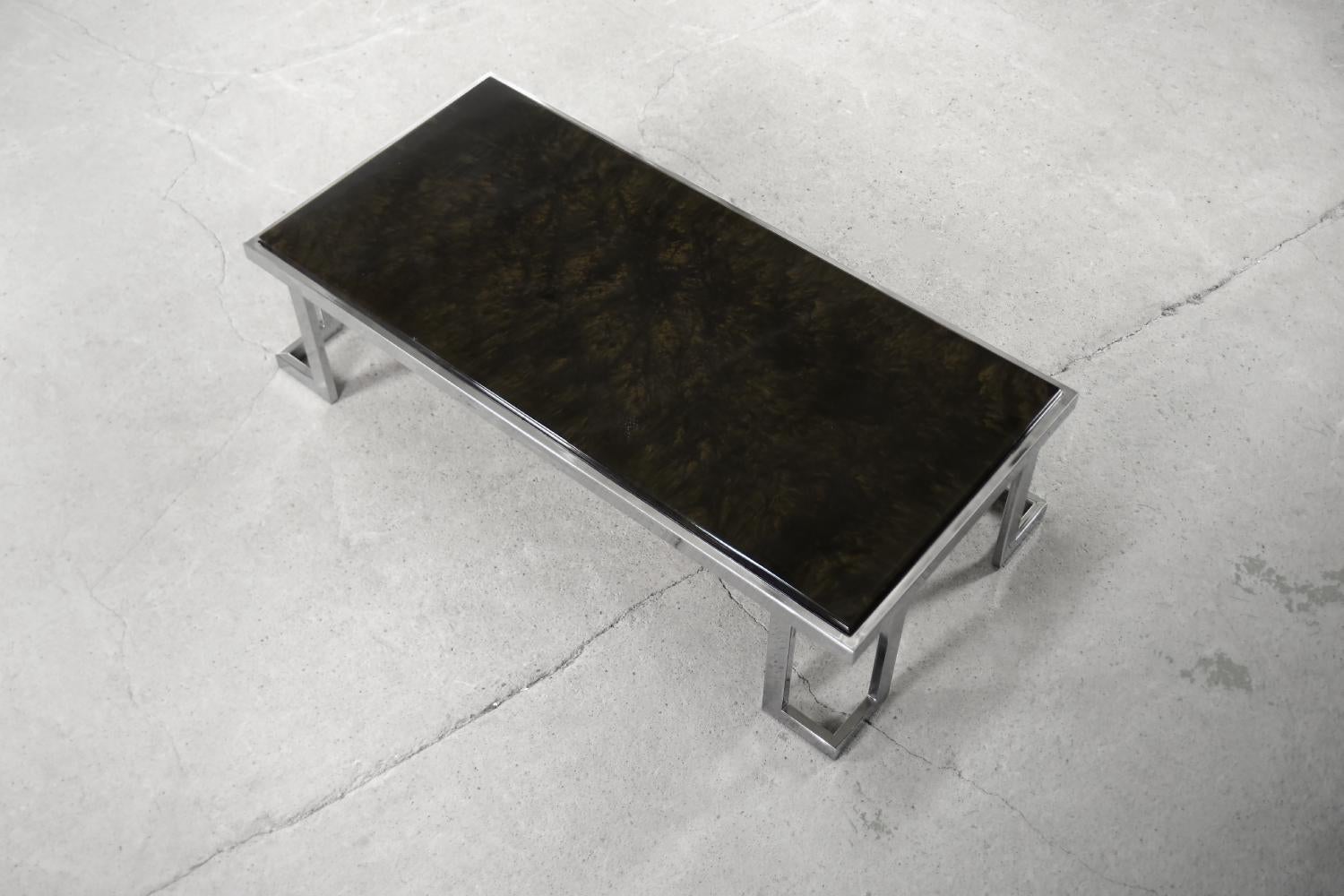Late 20th Century Rare Vintage Brutalist Italian Regency Chromed Coffee Table with Epoxy Resin Top For Sale