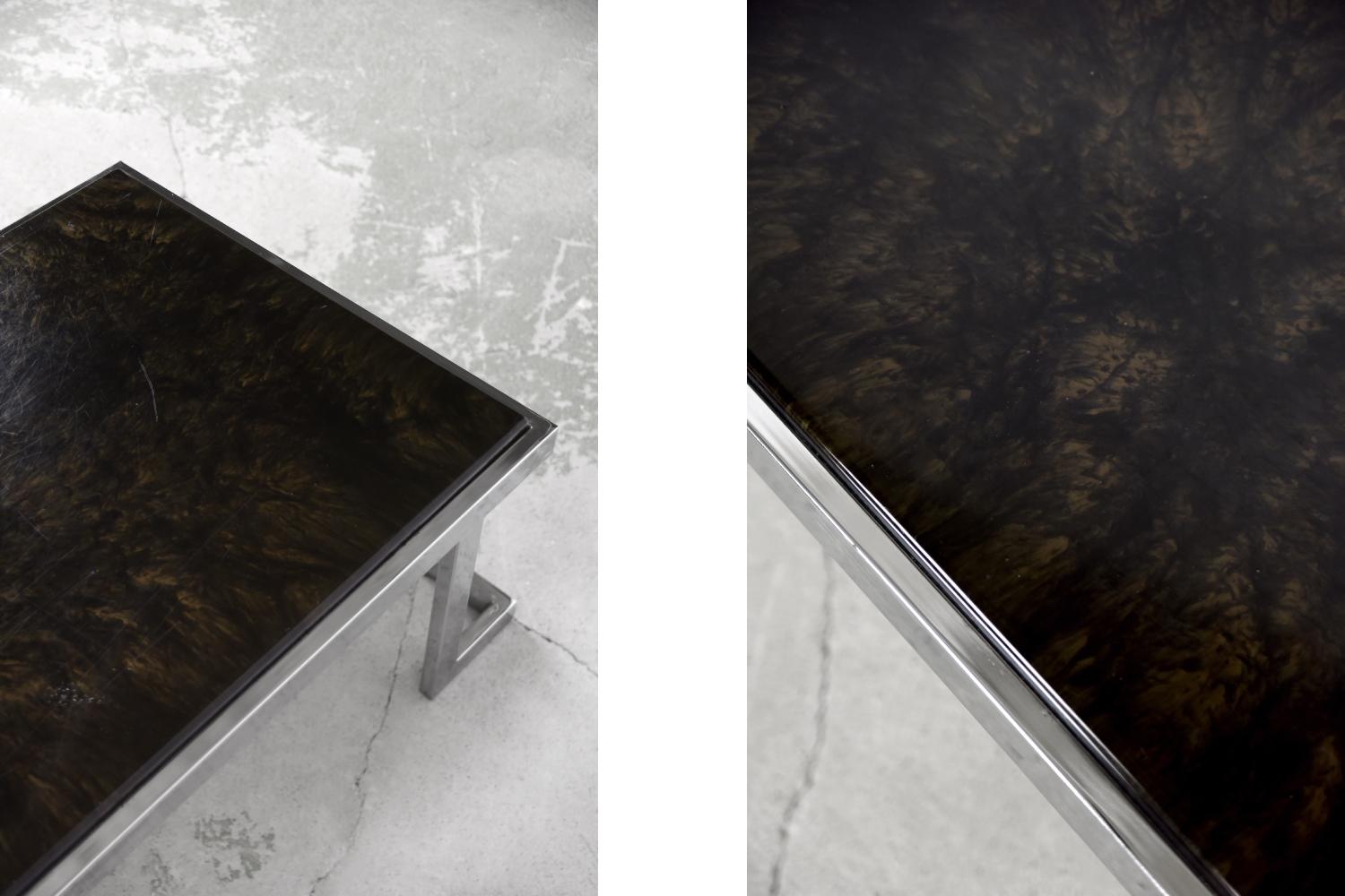 Rare Vintage Brutalist Italian Regency Chromed Coffee Table with Epoxy Resin Top For Sale 1