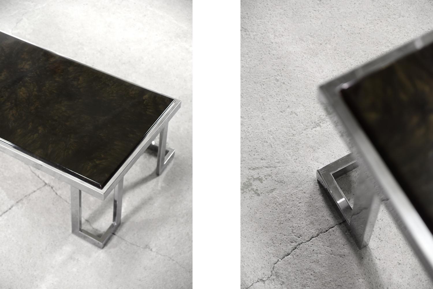 Rare Vintage Brutalist Italian Regency Chromed Coffee Table with Epoxy Resin Top For Sale 3
