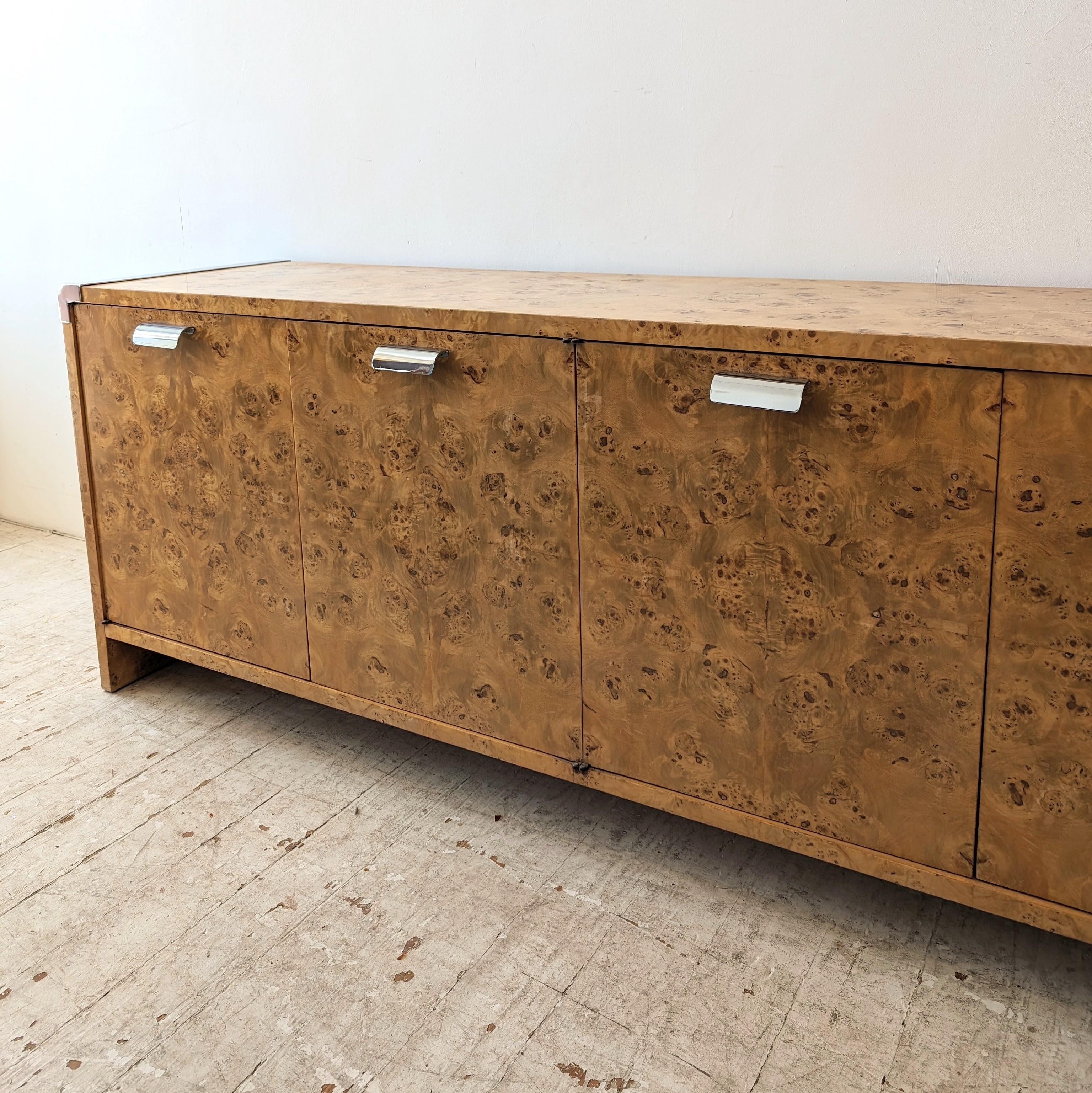 Rare vintage burlwood  & steel sideboard by Leon Rosen for Pace 1980s In Good Condition In Hastings, GB