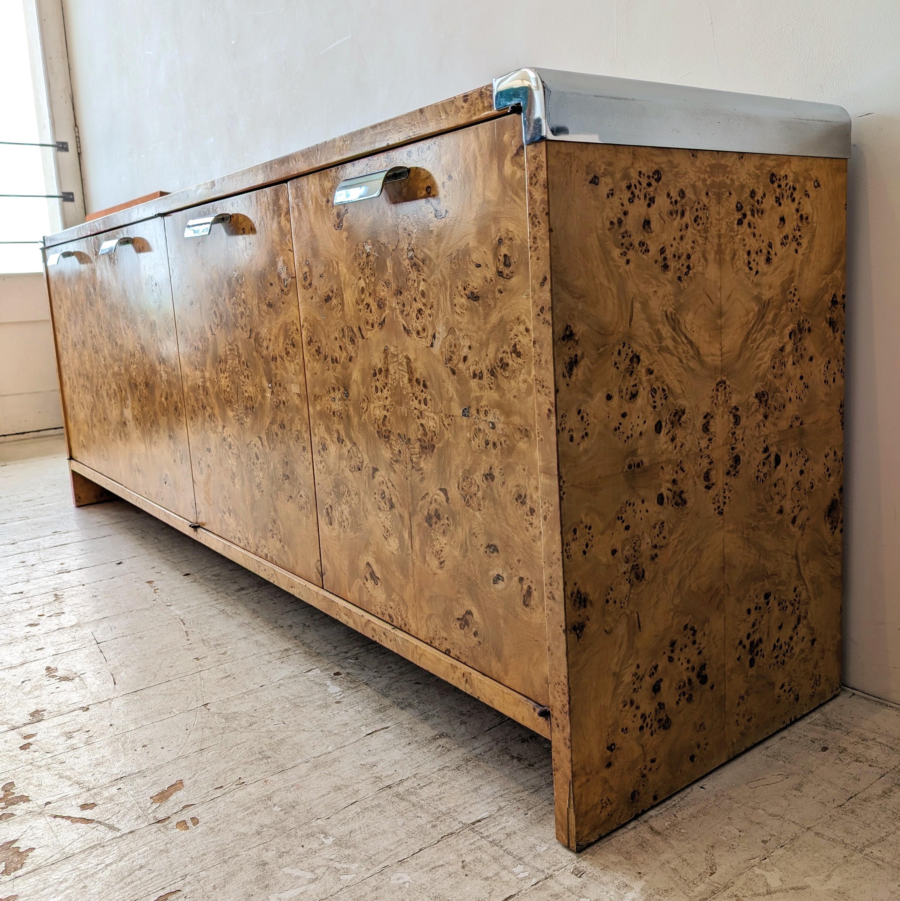 20th Century Rare vintage burlwood  & steel sideboard by Leon Rosen for Pace 1980s