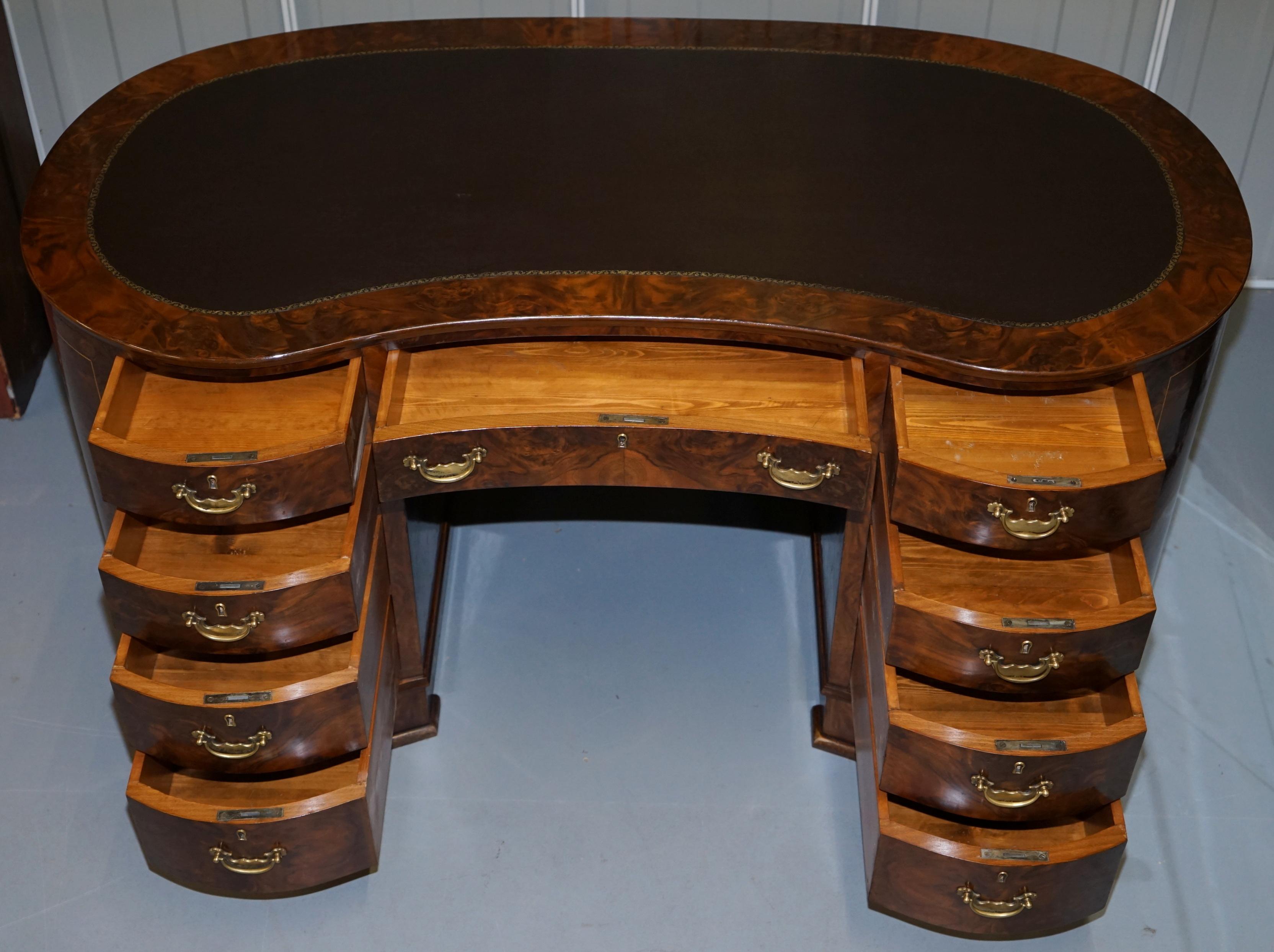 Rare Vintage Burr & Burl Walnut Kidney Desk with Cupboards Bookcases to the Back 13