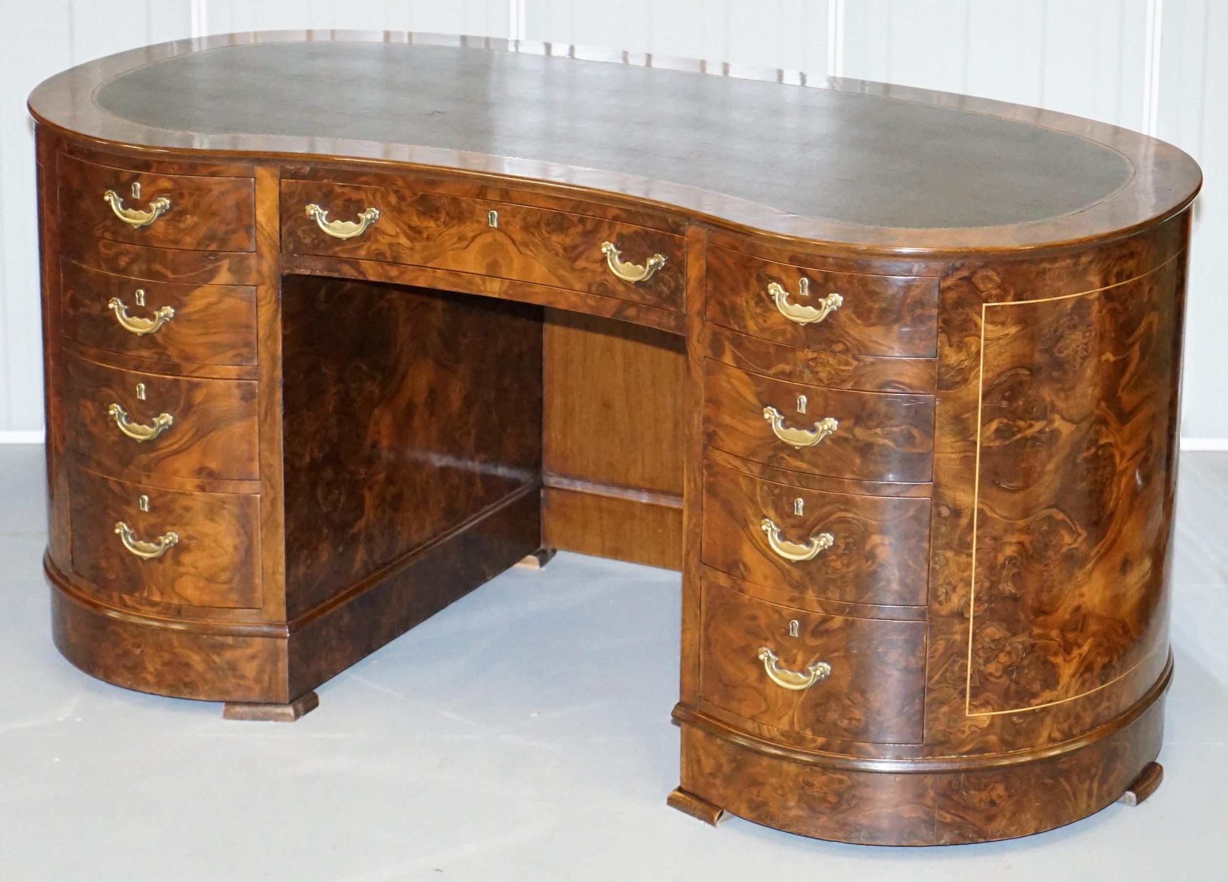 English Rare Vintage Burr & Burl Walnut Kidney Desk with Cupboards Bookcases to the Back