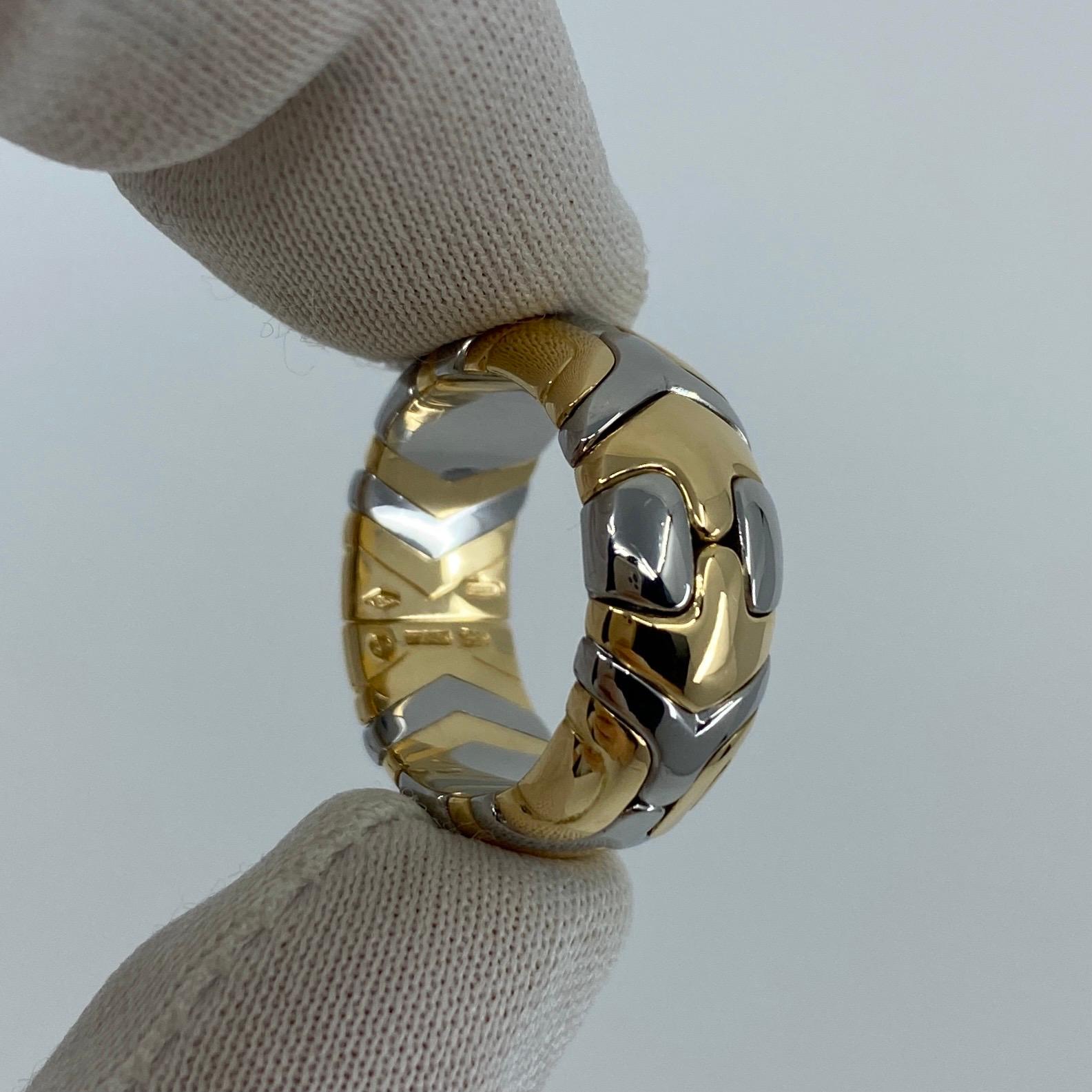 Women's or Men's Rare Vintage Bvlgari Alveare 18k Yellow Gold & Steel Parentesi Wide Band Ring For Sale