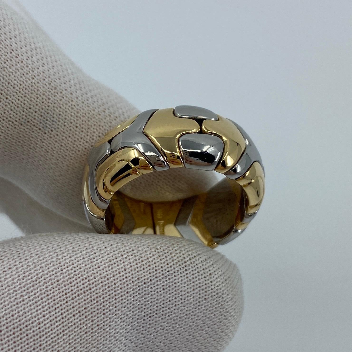Rare Vintage Bvlgari Alveare 18k Yellow Gold & Steel Parentesi Wide Band Ring For Sale 3