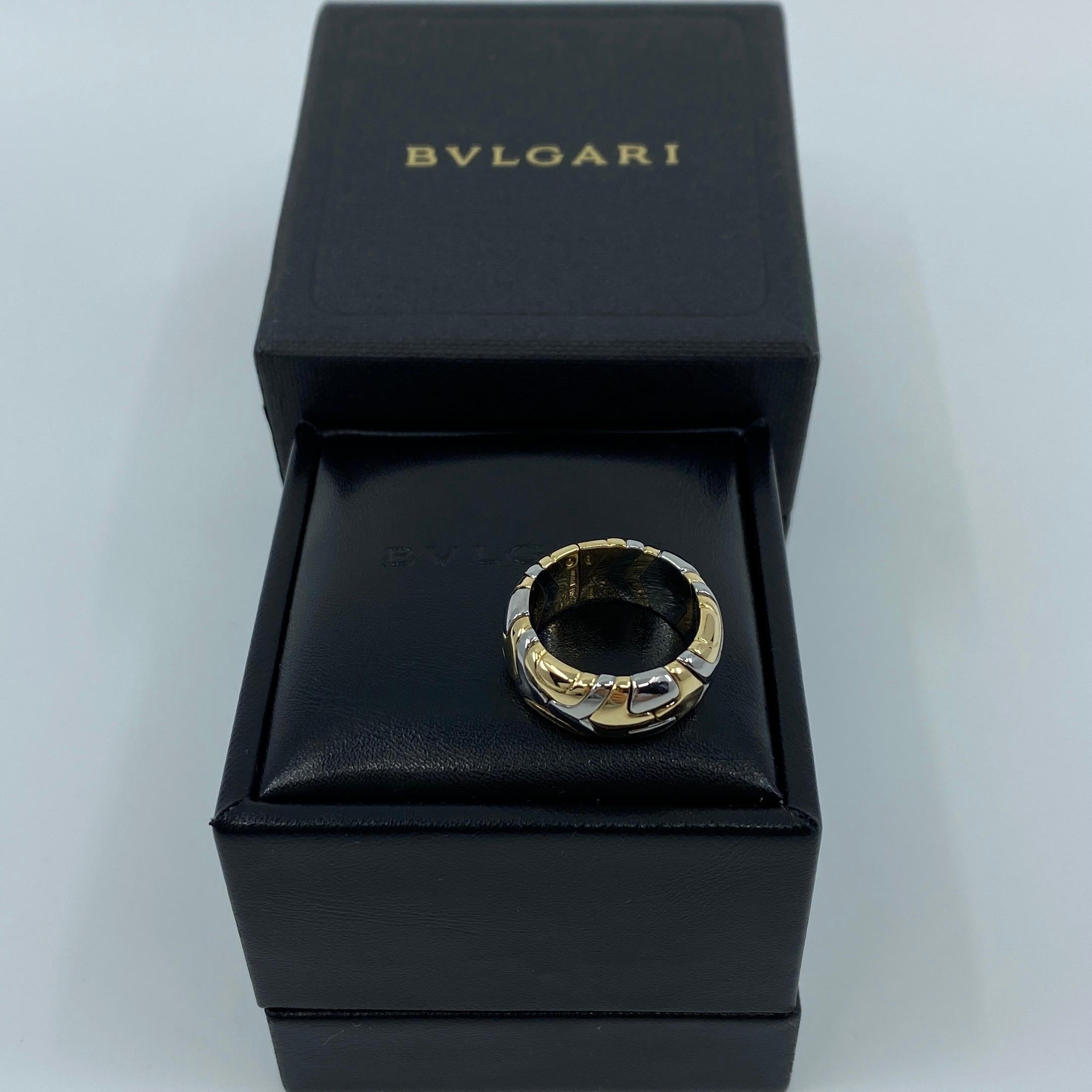 Rare Vintage Bvlgari Alveare 18k Yellow Gold & Steel Parentesi Wide Band Ring For Sale 4