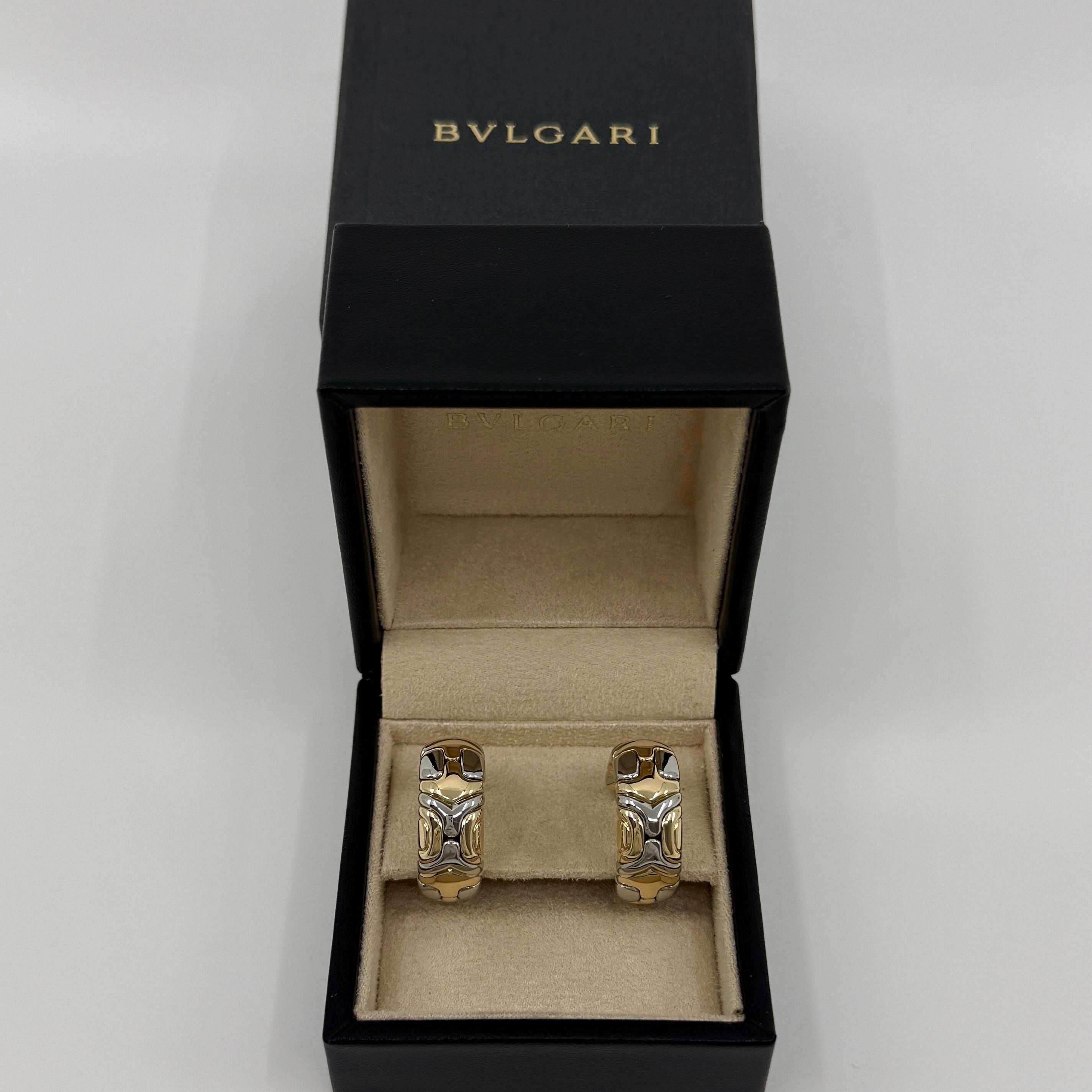 Rare Vintage Bvlgari Alveare Parentesi 18k Yellow Gold & Stainless Steel Hoop Earrings.

Beautiful earrings from the highly prized Bvlgari 'Alveare' line. A rare and sought after extension of the Bvlgari Parentesi and Tubogas styles. Made in the