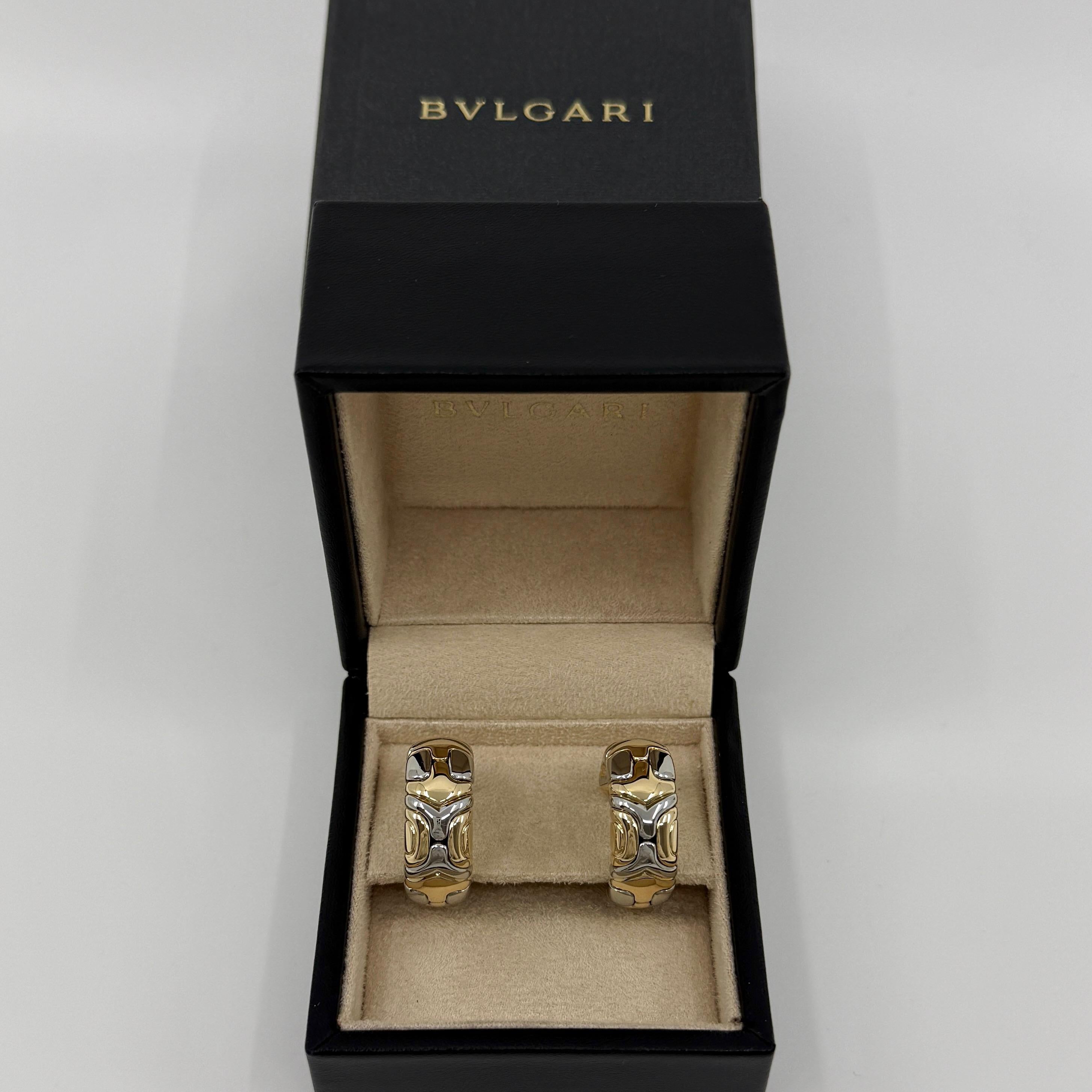 Rare Vintage Bvlgari Alveare Parentesi 18k Yellow Gold Steel Clip Hoop Earrings For Sale 3