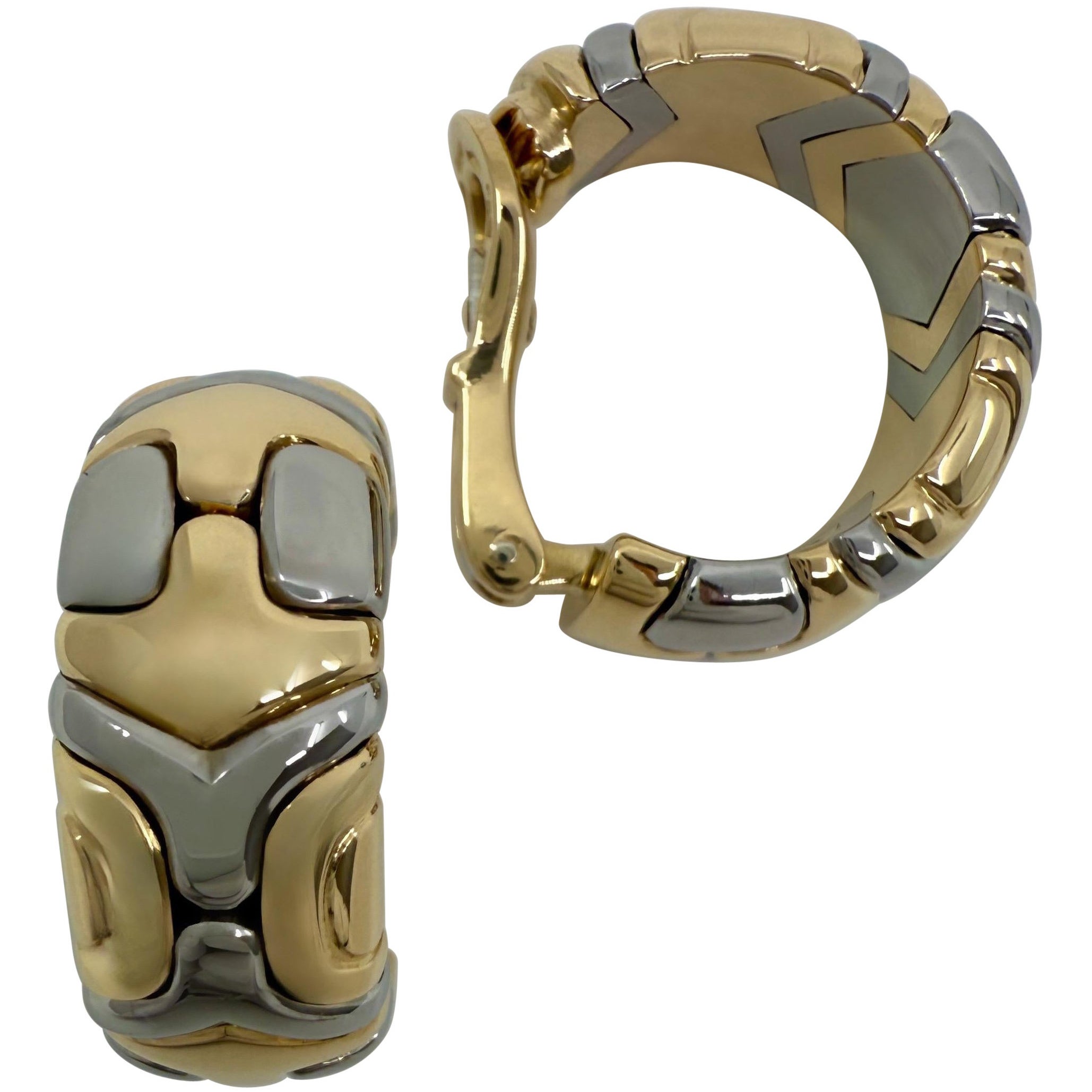 Rare Vintage Bvlgari Alveare Parentesi 18k Yellow Gold Steel Clip Hoop Earrings For Sale
