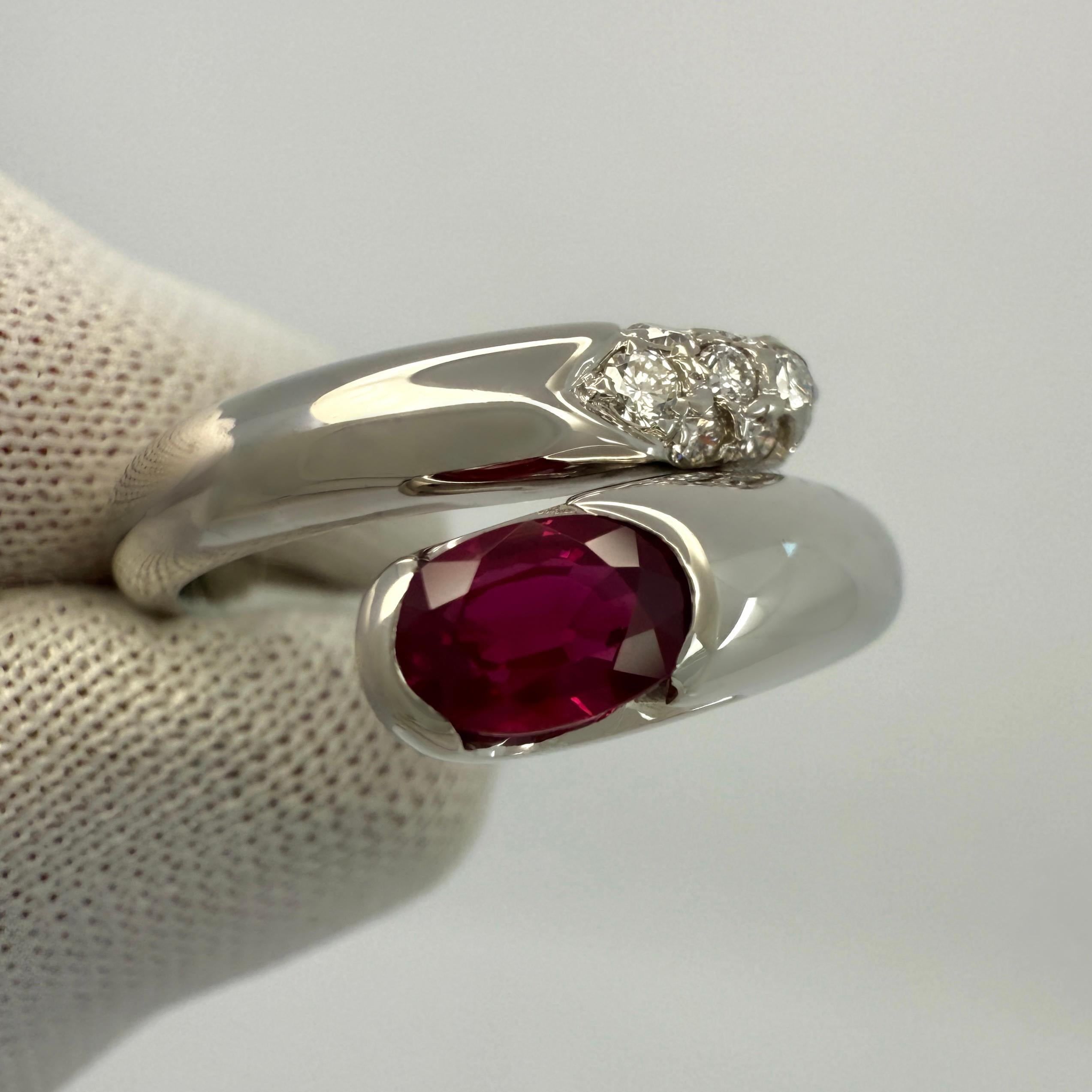 Oval Cut RARE Vintage Bvlgari Astrea Vivid Red Ruby & Diamond 18k White Gold Bypass Ring For Sale