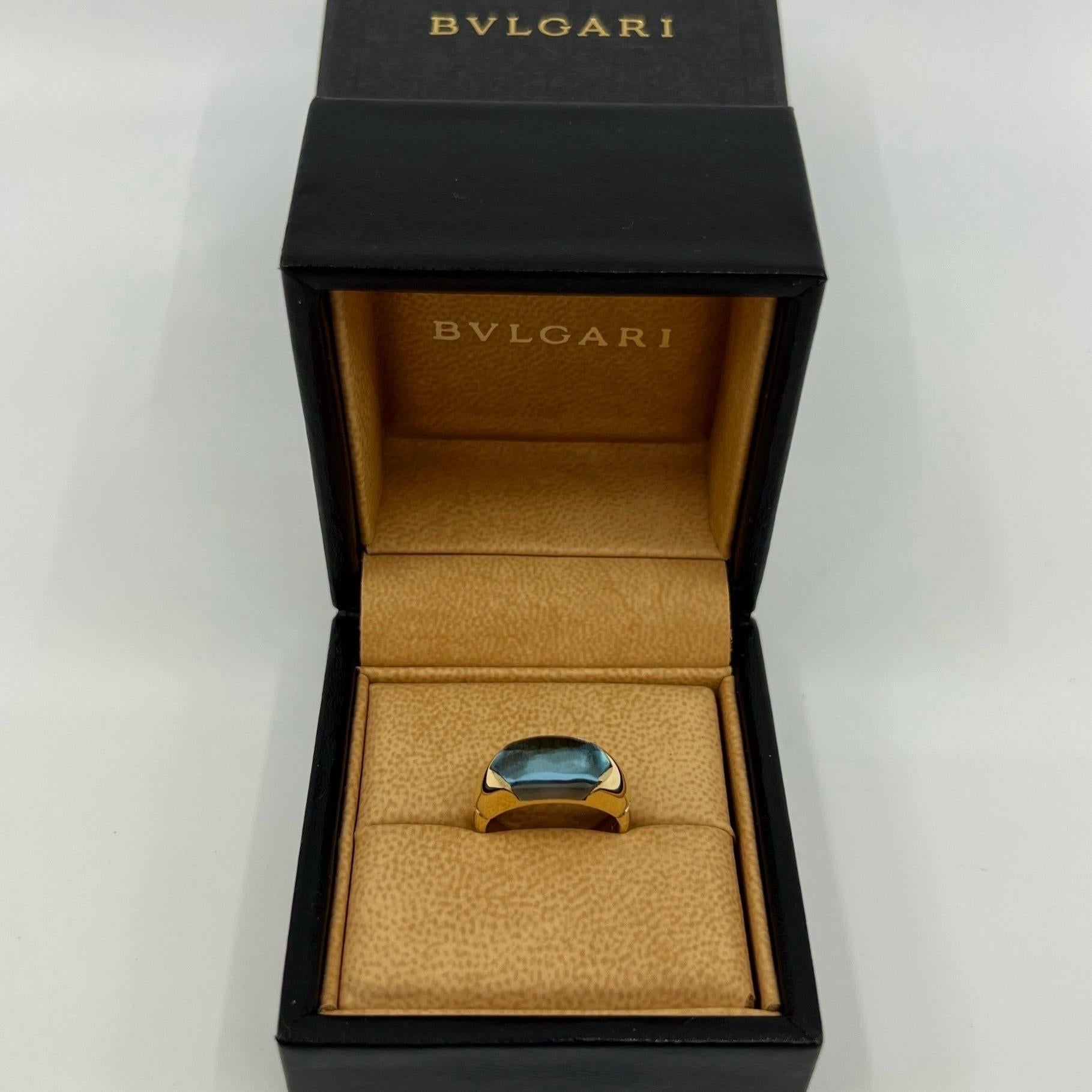 Cabochon Rare Vintage Bvlgari Certica 18k Yellow Gold Blue Topaz Dome Ring with Box