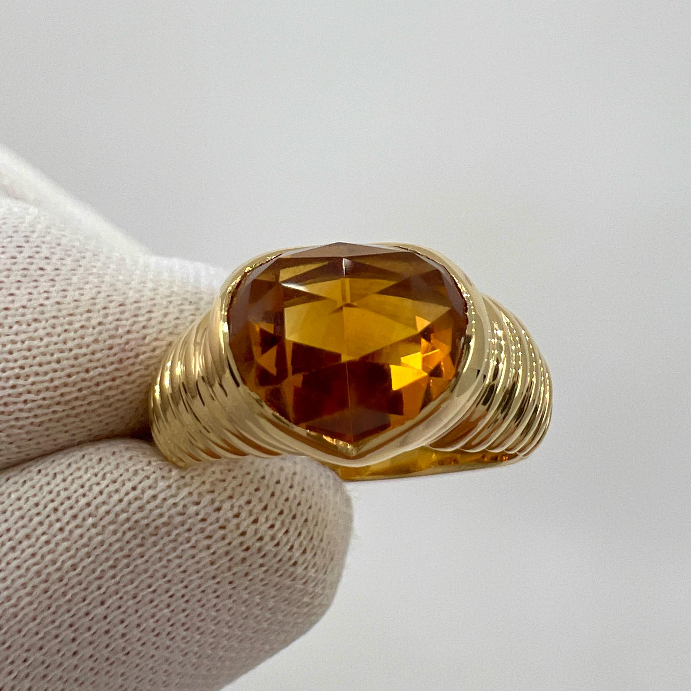 Rare Vintage Bvlgari Fancy Cut Citrine 18k Yellow Gold Doppio Ring.

Beautiful fancy cushion rose cut yellow citrine set in a fine 18k yellow gold tension ring from the Bvlgari 'Doppio' collection.

In excellent condition, has been professionally