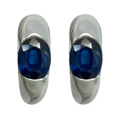Rare Vintage Bvlgari Cornflower Blue Oval Sapphire 18k White Gold Hoop Earrings
