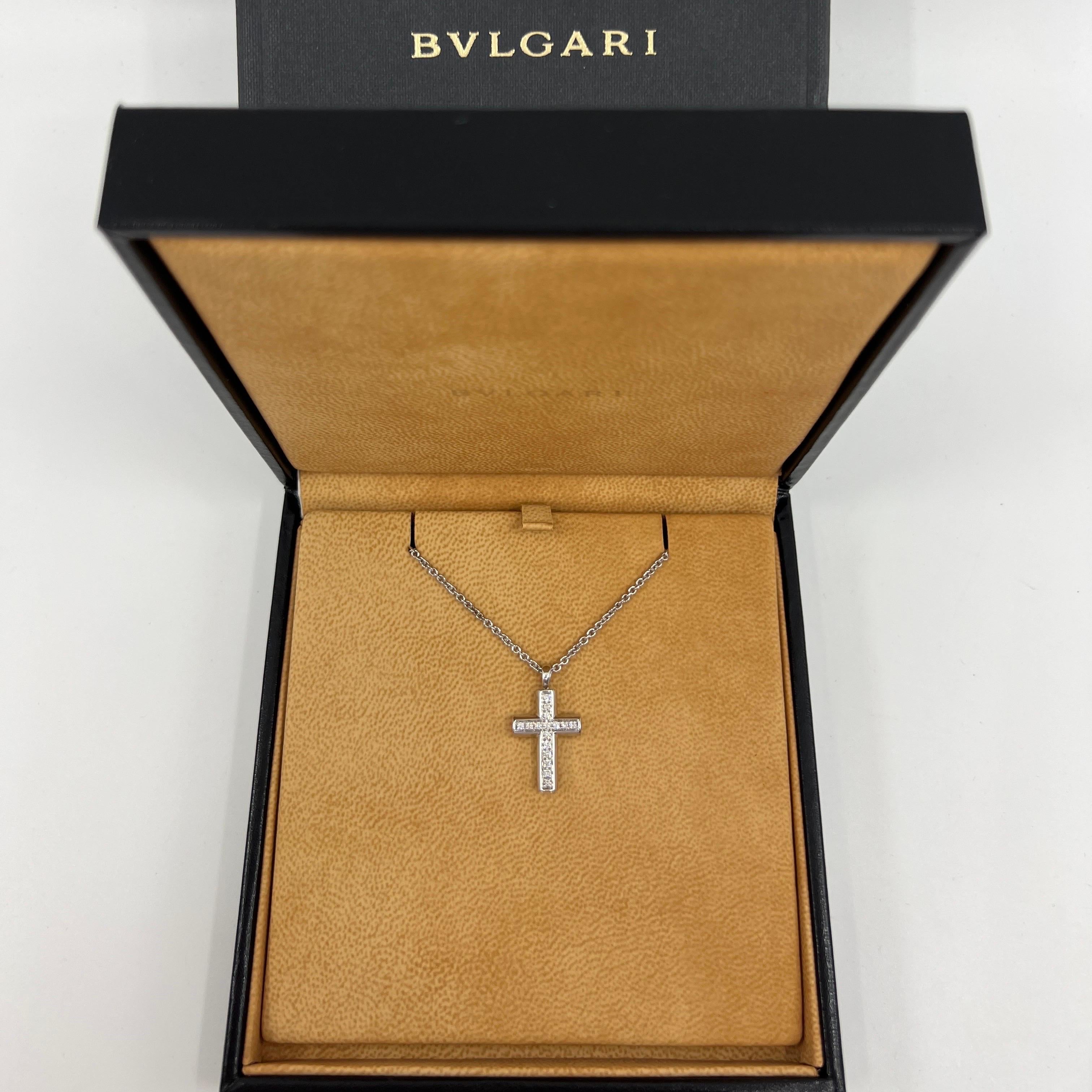 Round Cut Rare Vintage Bvlgari Diamond Cross 18 Karat White Gold Pendant Necklace For Sale
