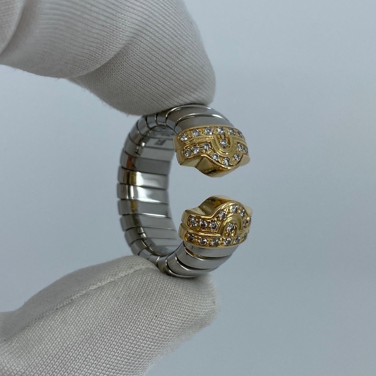 Rare Vintage Bvlgari Diamond Parentesi Tubogas 18 Karat Gold & Steel Spring Ring In Excellent Condition In Birmingham, GB